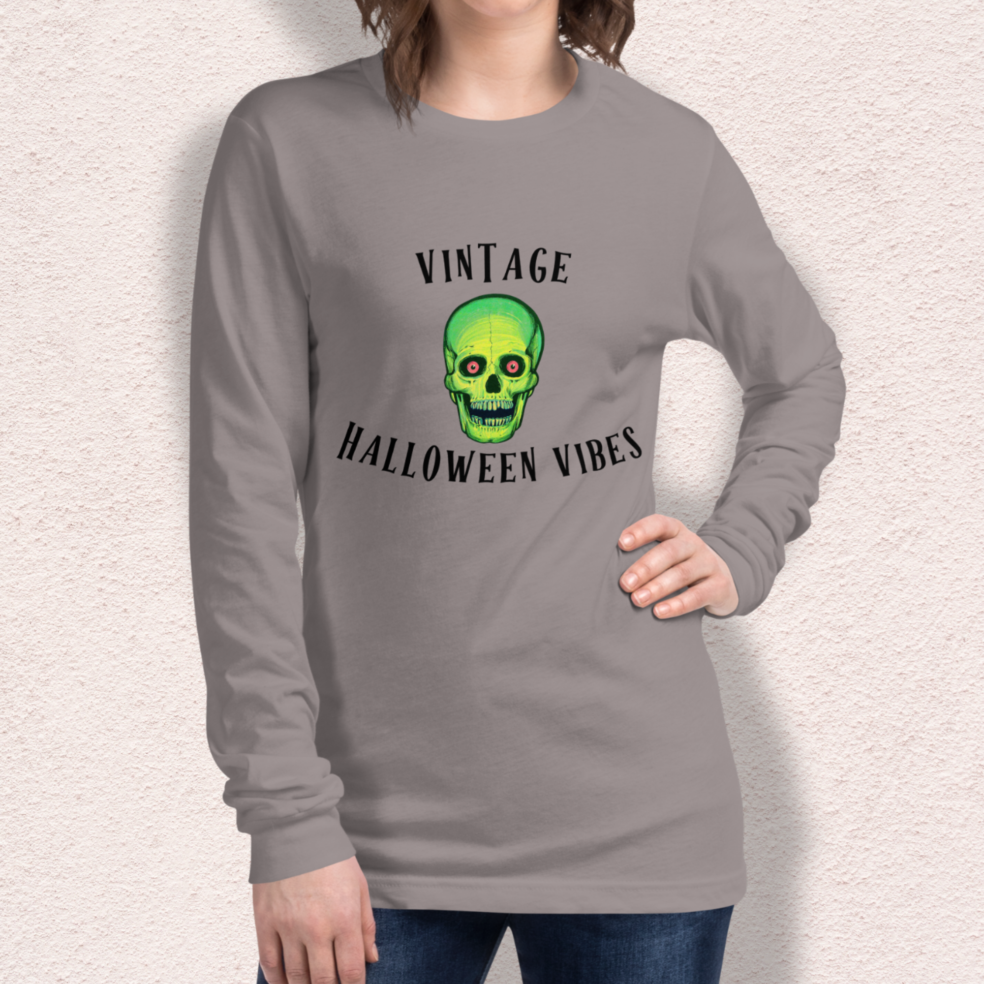 Vintage Halloween Vibes Long Sleeve Tee | Bella+Canvas Retro Green Skull Shirt