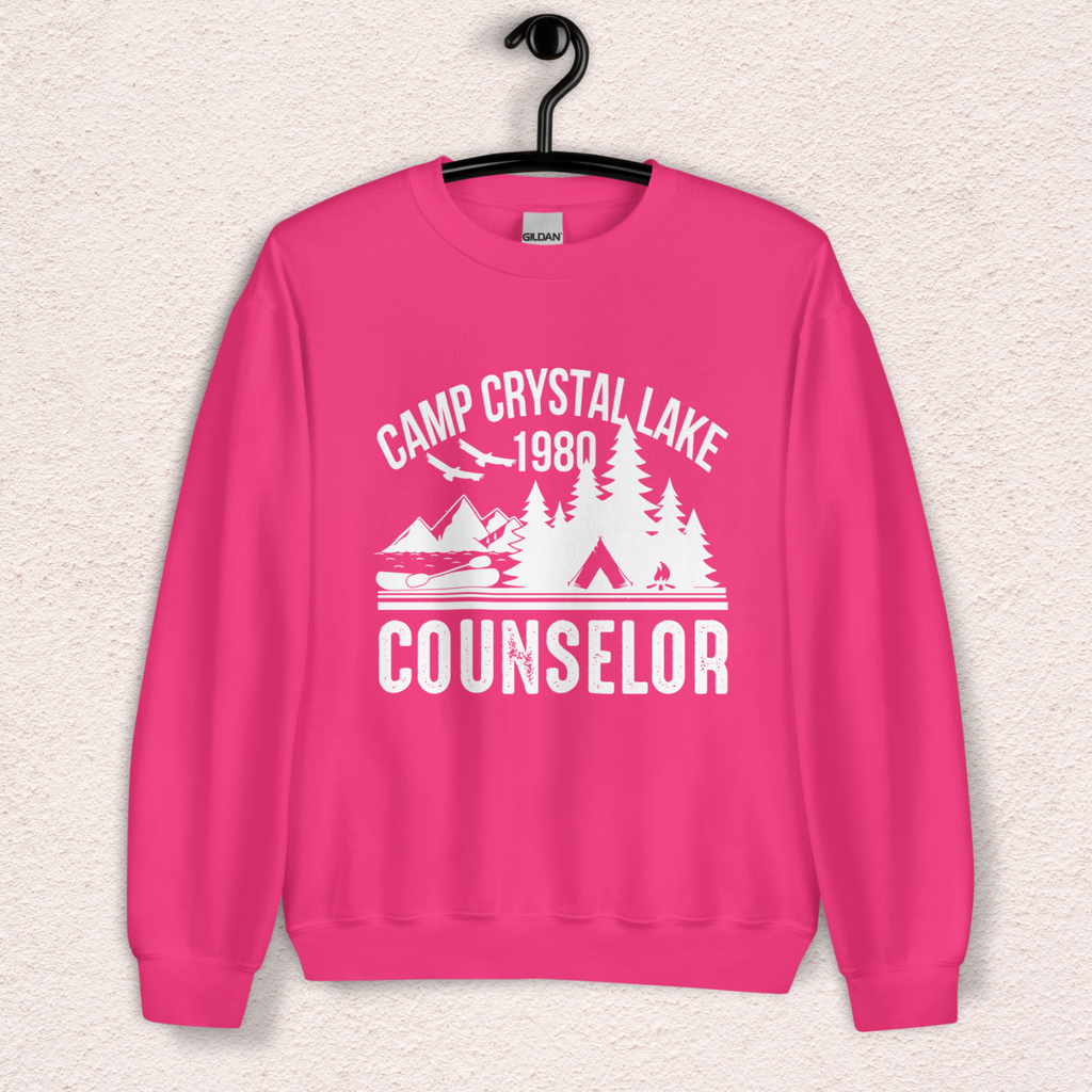 Camp Slasher Counselor Sweatshirt | Gildan Unisex Horror Crewneck (White Ink)