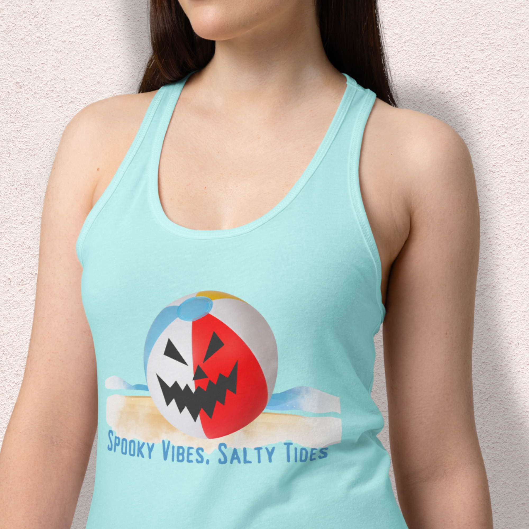 Spooky Vibes, Salty Tides Racerback Tank | Women’s Jack-O’-Lantern Beach Top