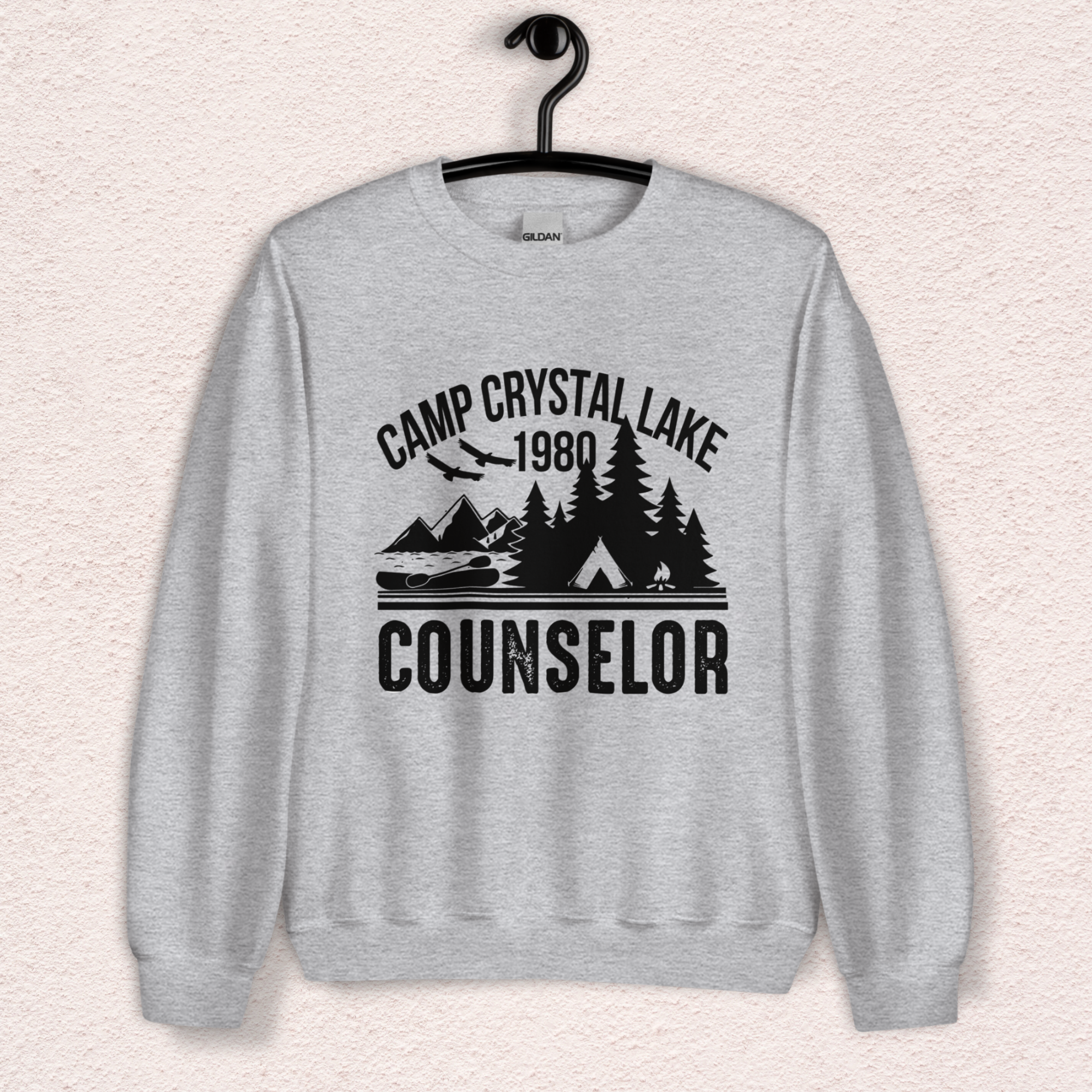 Camp Slasher Counselor Sweatshirt | Gildan Unisex Horror Crewneck (Black Ink)