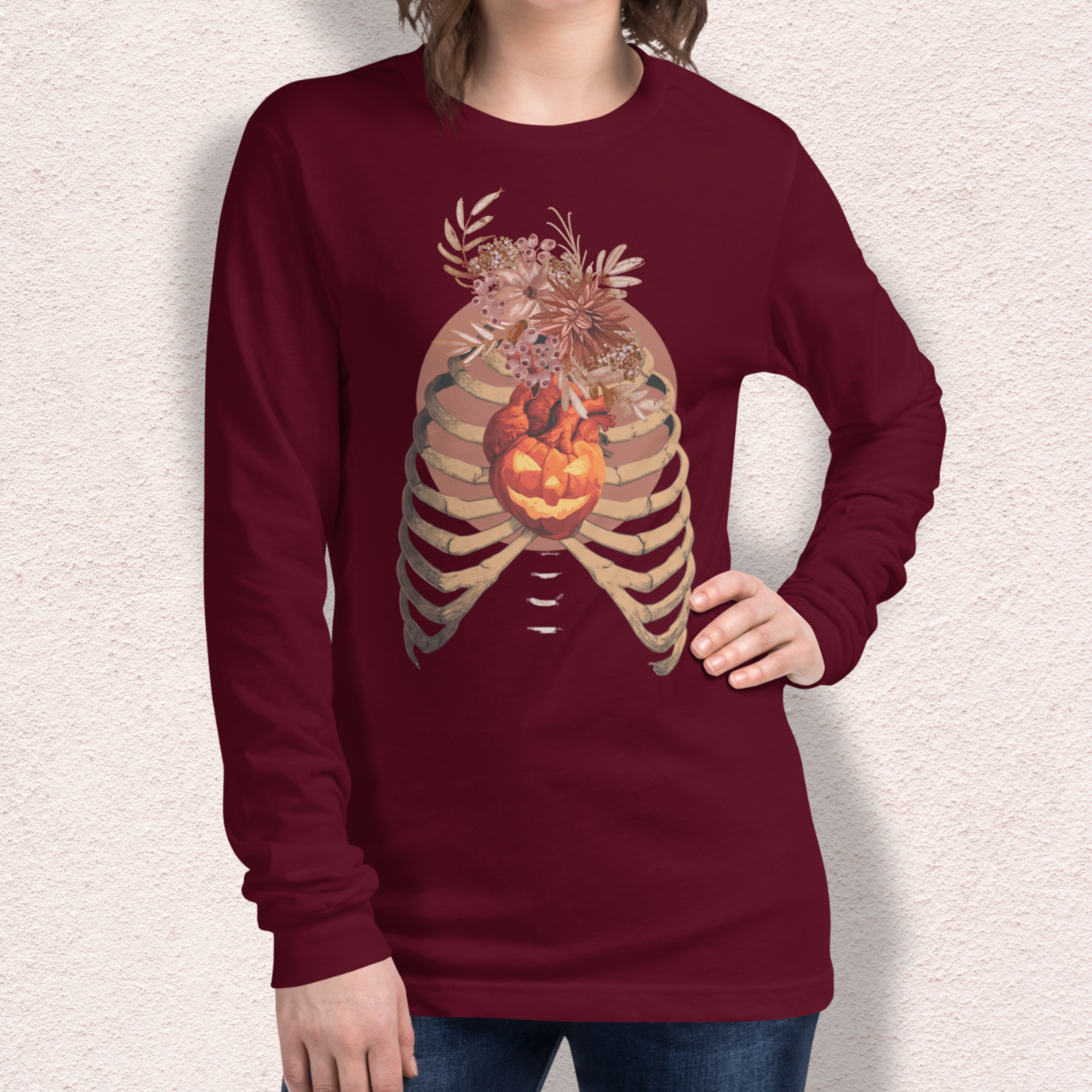 A Fall’s Heart Tee | Skeleton Pumpkin Halloween Shirt | Bella+Canvas Spooky Autumn Graphic Long Sleeve Tee