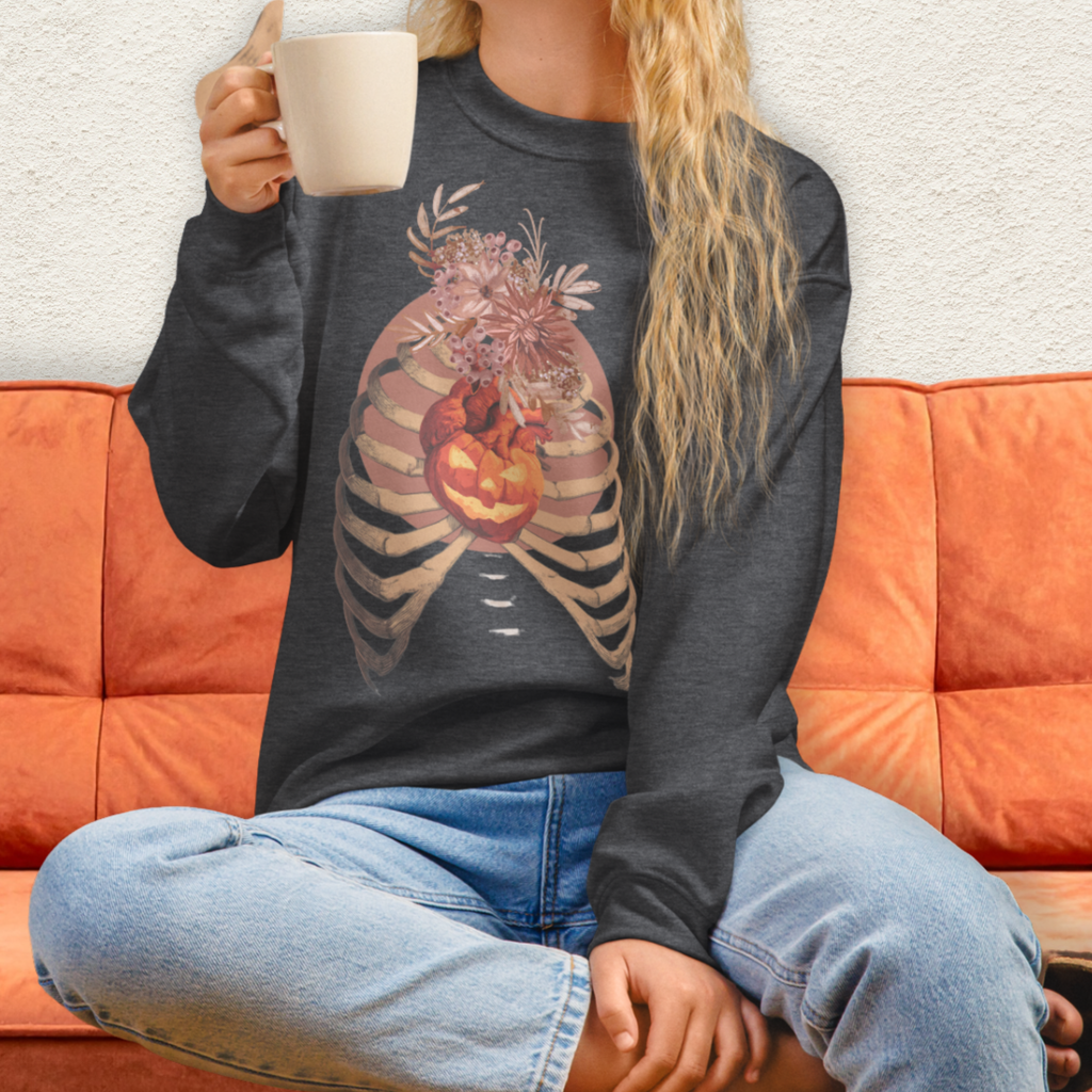 A Fall’s Heart Sweatshirt | Skeleton Pumpkin Autumn Graphic | Gildan Spooky Fall Crewneck