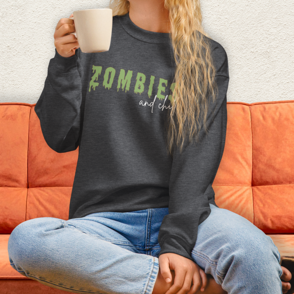Zombies & Chill Sweatshirt | Horror Movie Crewneck | Gildan Heavy Blend Spooky Zombie Sweatshirt