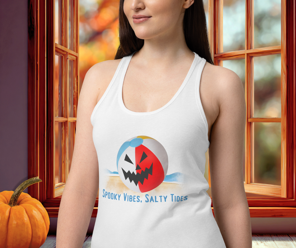 Spooky Vibes, Salty Tides Racerback Tank | Women’s Jack-O’-Lantern Beach Top