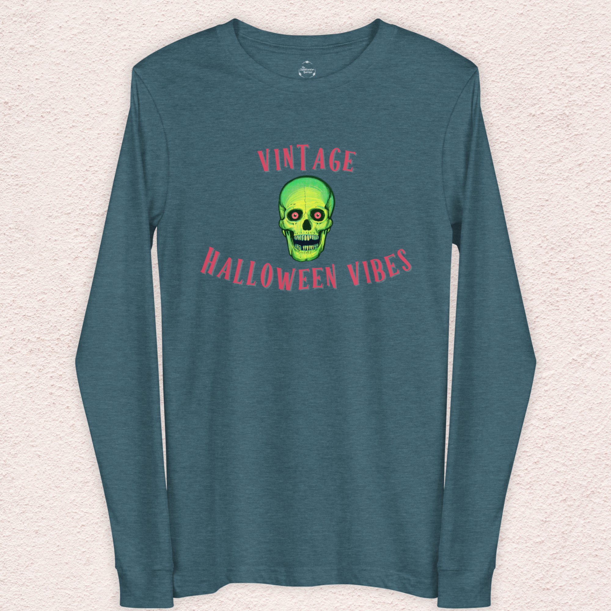 Vintage Halloween Vibes Long Sleeve Tee | Bella+Canvas Unisex Retro Green Skull Shirt | Colorful Graphic