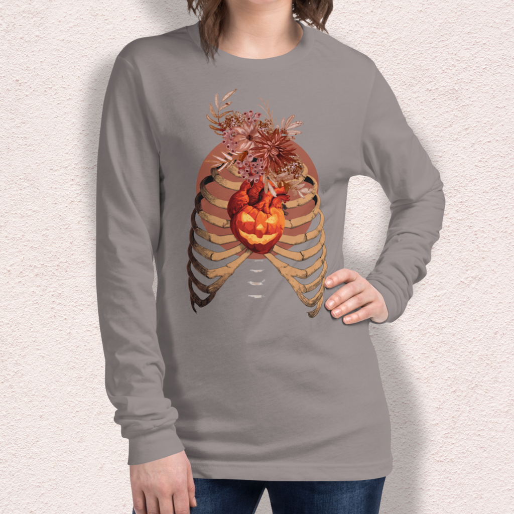 A Fall’s Heart Tee | Skeleton Pumpkin Halloween Shirt | Bella+Canvas Spooky Autumn Graphic Long Sleeve Tee