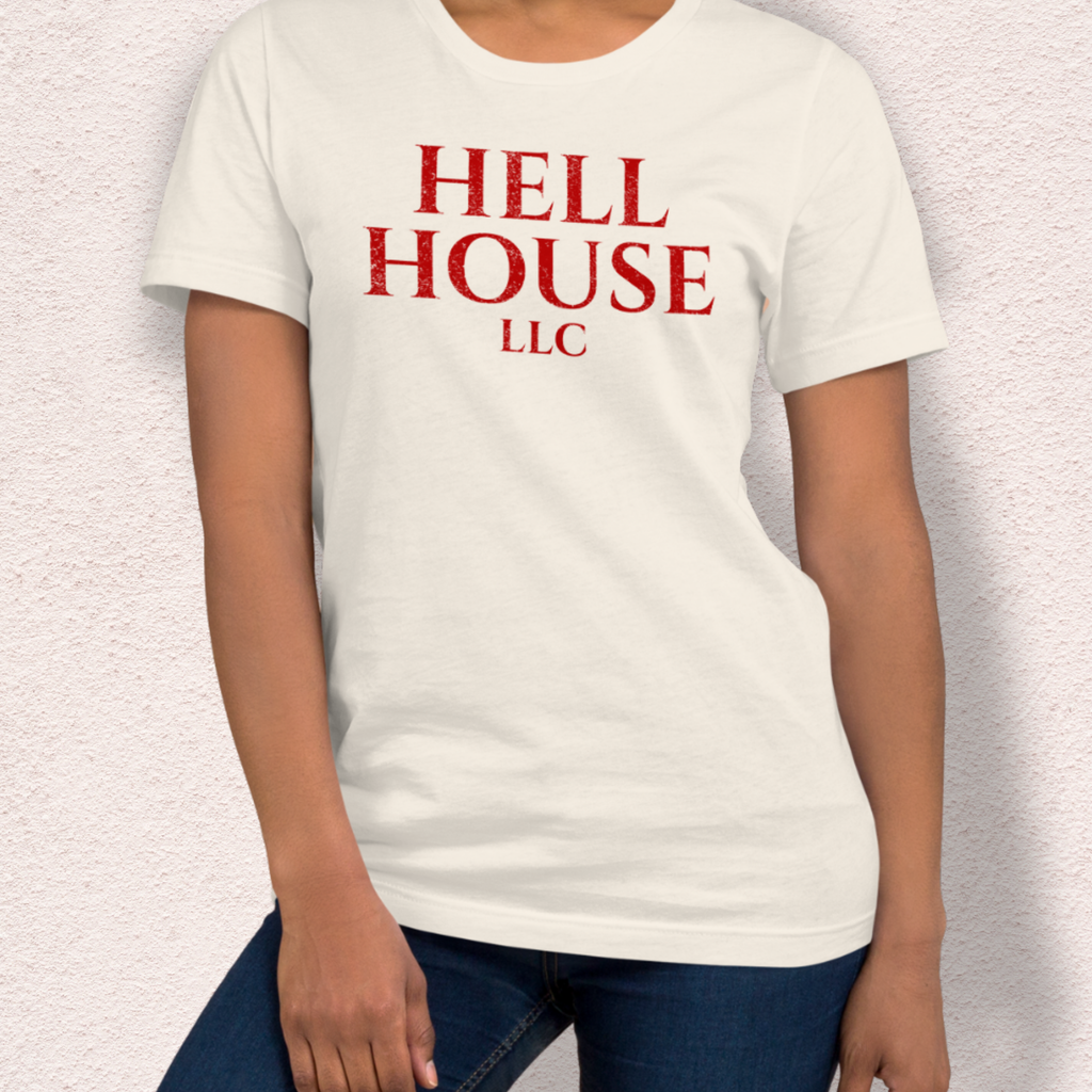 Hell House LLC Tee | Haunted Attraction Horror Shirt | Bella+Canvas Unisex Graphic Tee (Large Basic Red Graphic)