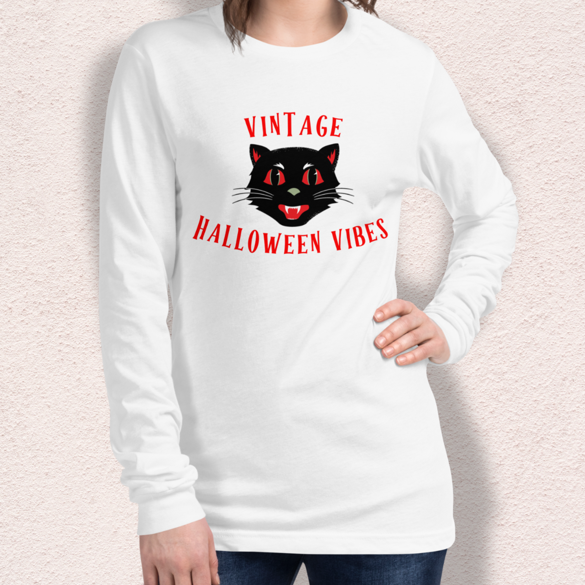 Vintage Halloween Vibes Long Sleeve Tee | Bella+Canvas Unisex Retro Halloween Cat Shirt | Colorful. Graphic