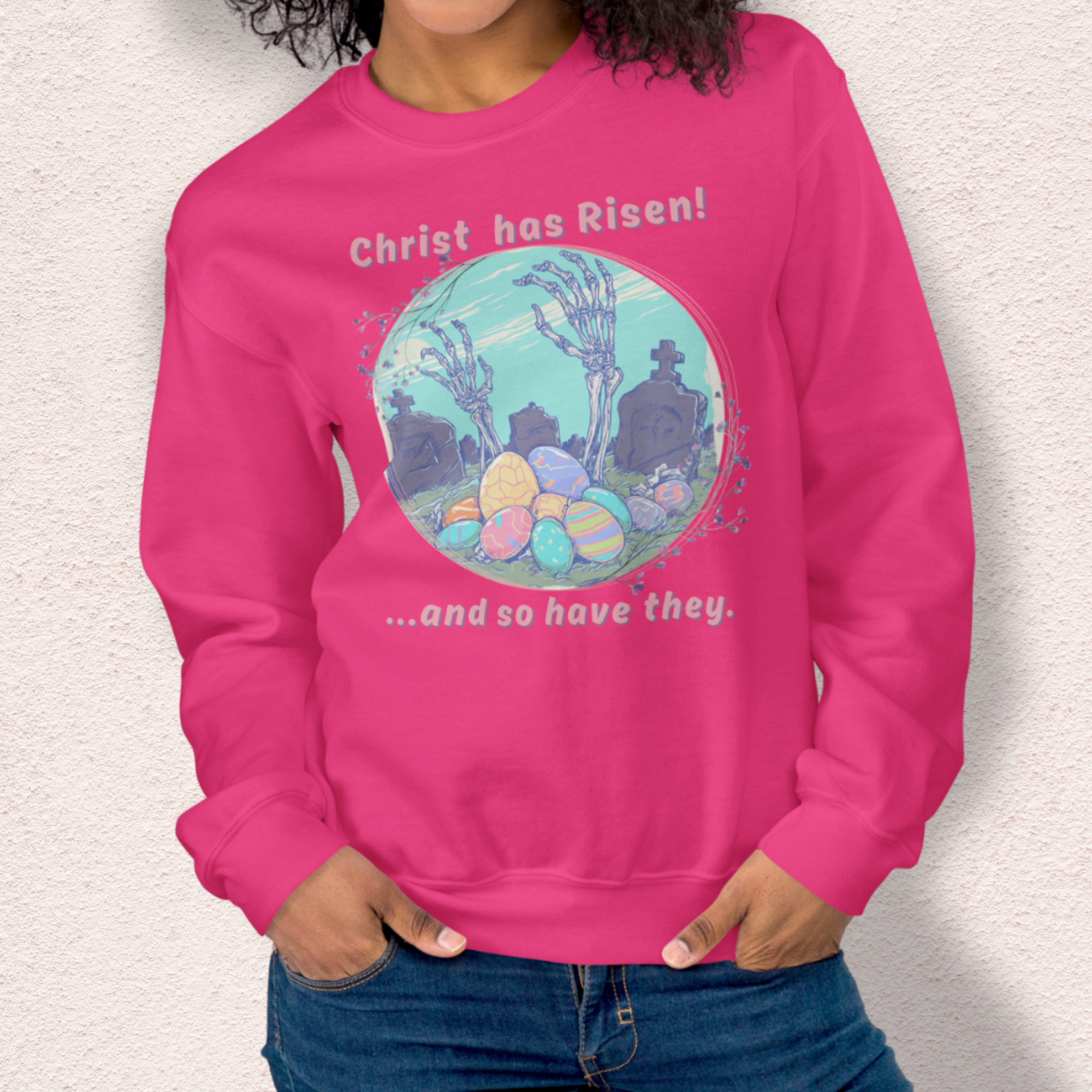 Christ Has Risen… and So Have They Sweatshirt | Funny Horror Easter Sweatshirt | Skeleton Grave Easter Graphic | Gildan Crewneck