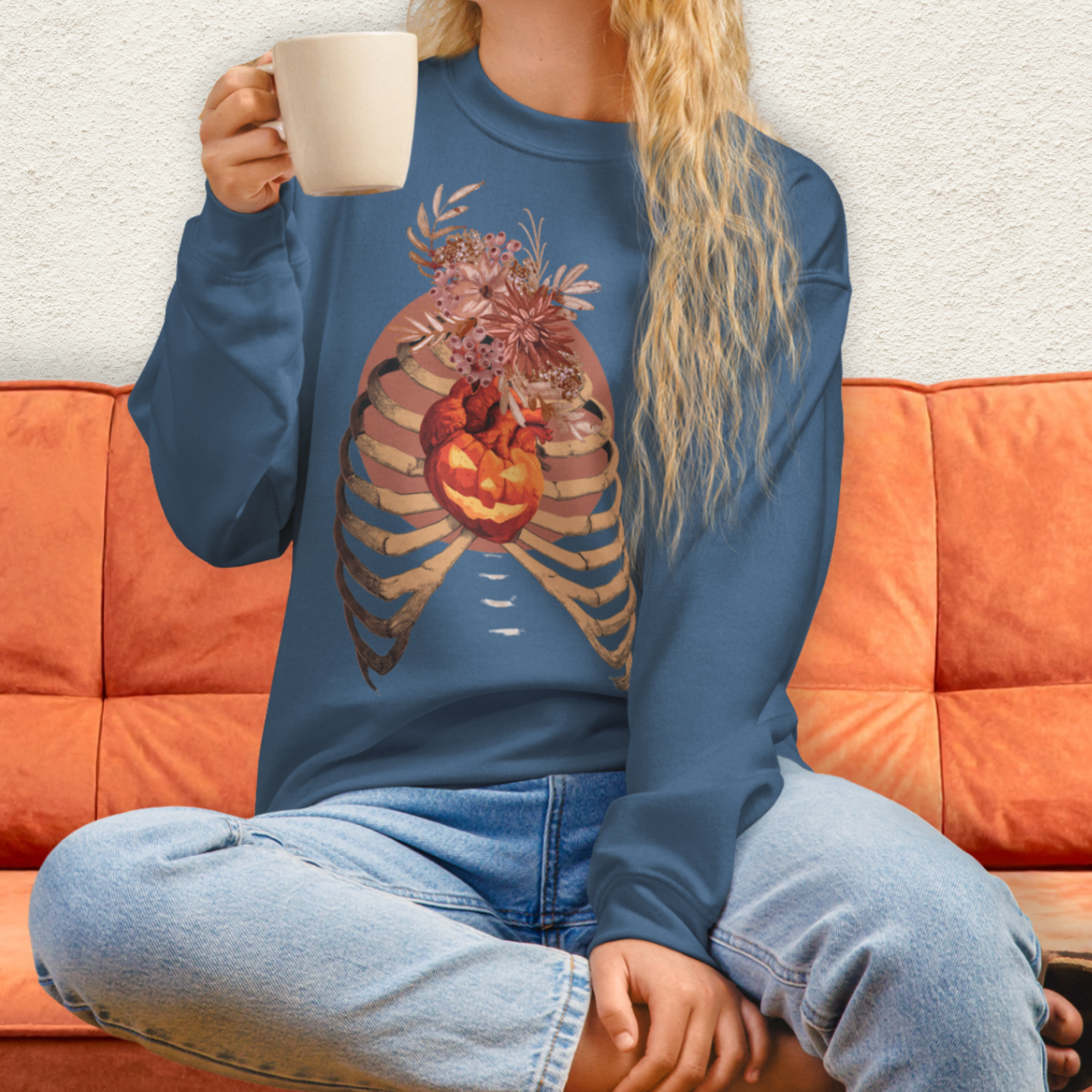 A Fall’s Heart Sweatshirt | Skeleton Pumpkin Autumn Graphic | Gildan Spooky Fall Crewneck