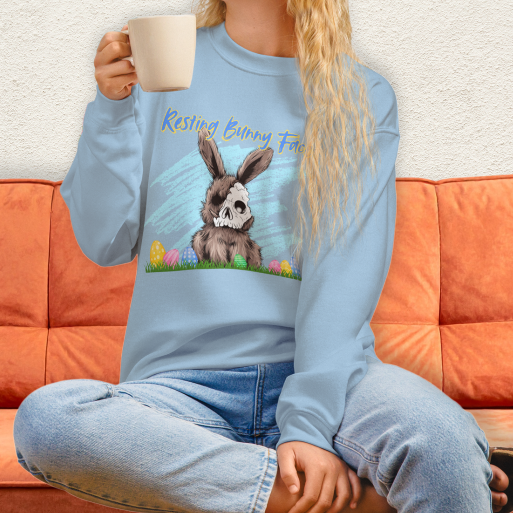 Resting Bunny Face Sweatshirt | Creepy Easter Bunny Skull Crewneck | Funny Spooky Easter Sweatshirt | Dark Humor Bunny Graphic