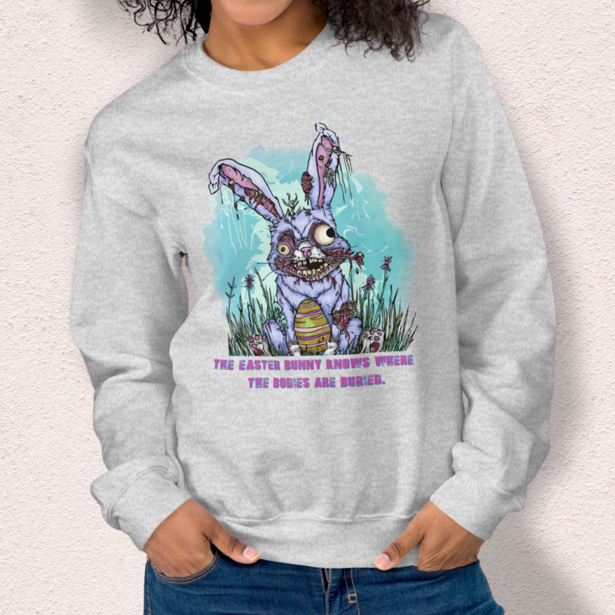 The Easter Bunny Knows Where the Bodies Are Buried Sweatshirt | Zombie Easter Bunny Horror Sweatshirt | Funny Dark Humor Easter | Gildan Crewneck