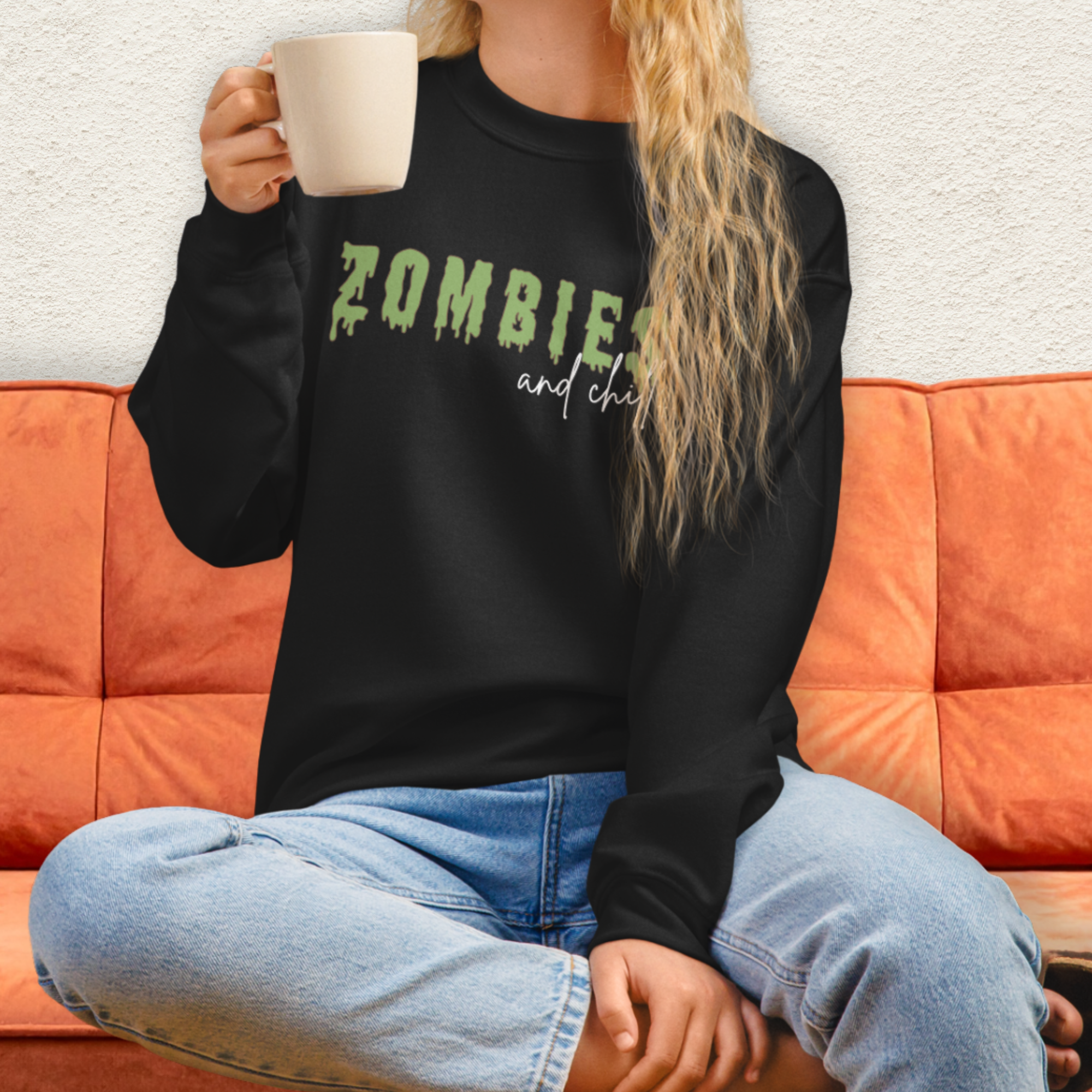 Zombies & Chill Sweatshirt | Horror Movie Crewneck | Gildan Heavy Blend Spooky Zombie Sweatshirt