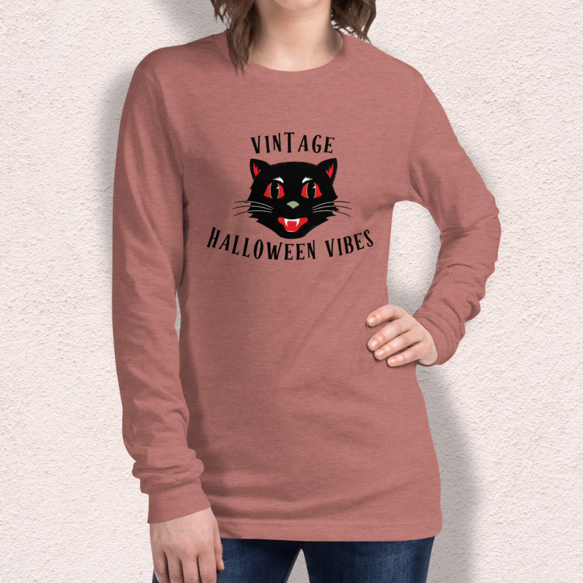 Vintage Halloween Vibes Long Sleeve Tee | Bella+Canvas Unisex Retro Cat Shirt