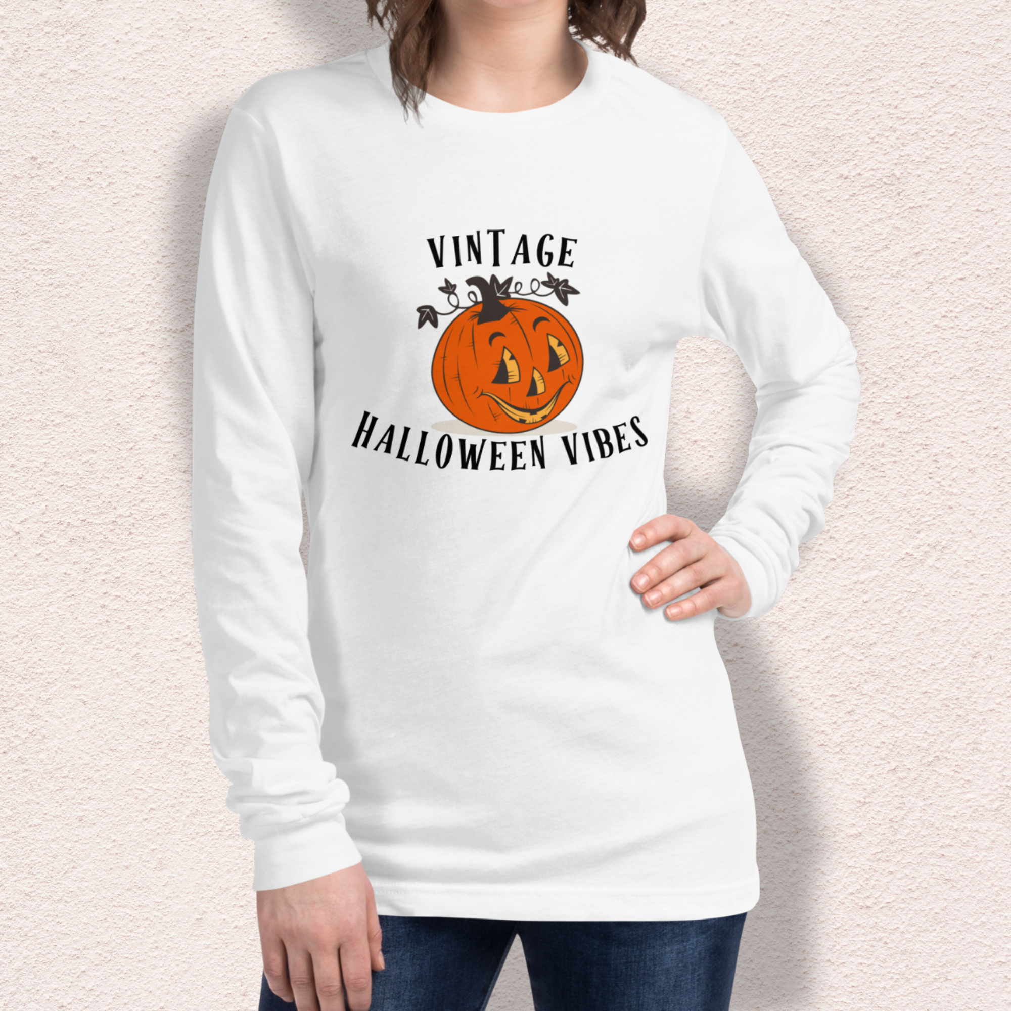 Vintage Halloween Vibes Long Sleeve Tee | Bella+Canvas Retro Jack-O’-Lantern Shirt