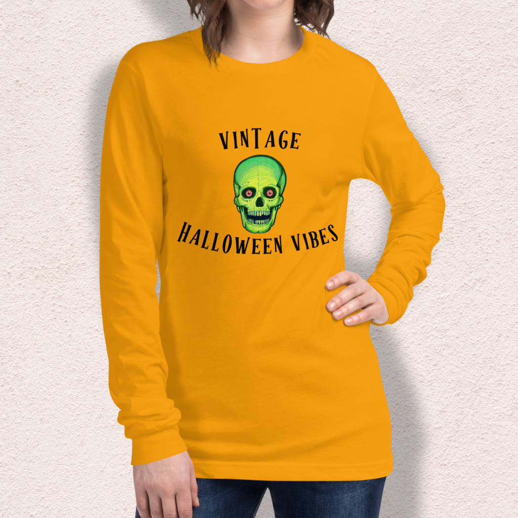 Vintage Halloween Vibes Long Sleeve Tee | Bella+Canvas Retro Green Skull Shirt
