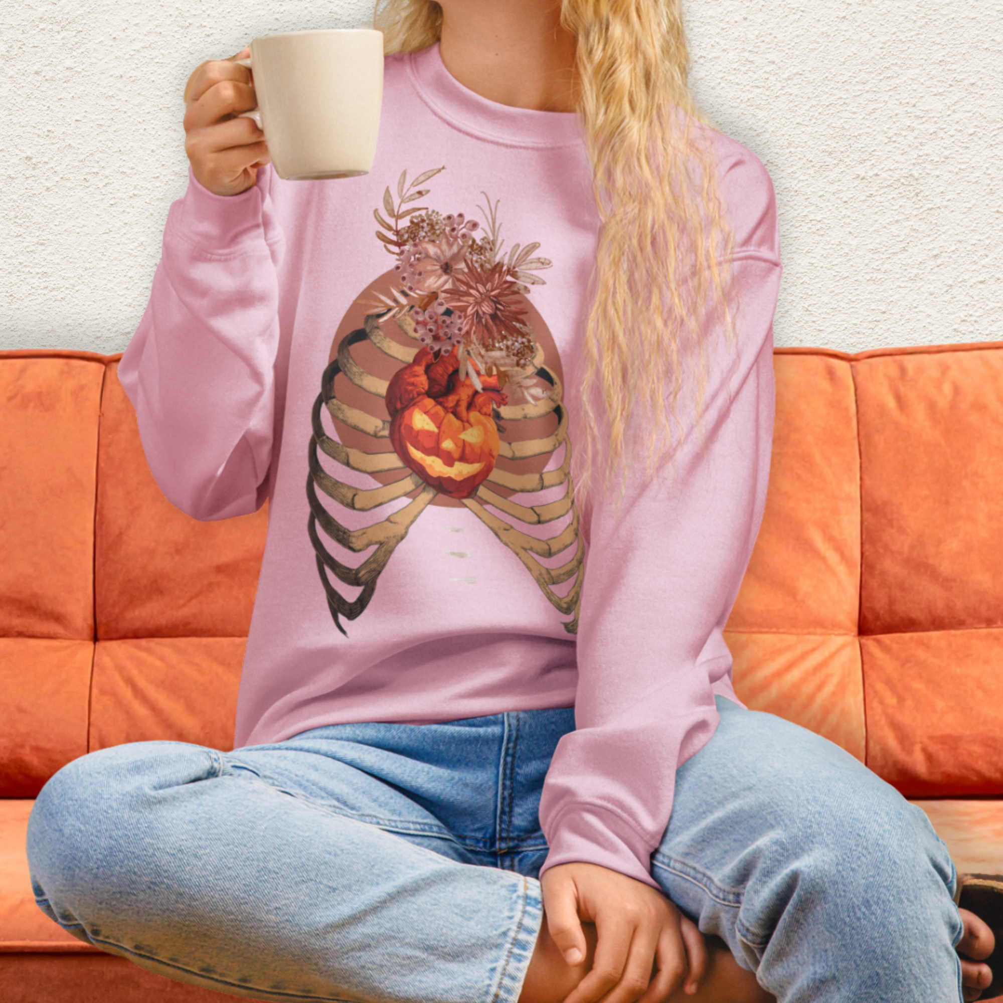 A Fall’s Heart Sweatshirt | Skeleton Pumpkin Autumn Graphic | Gildan Spooky Fall Crewneck
