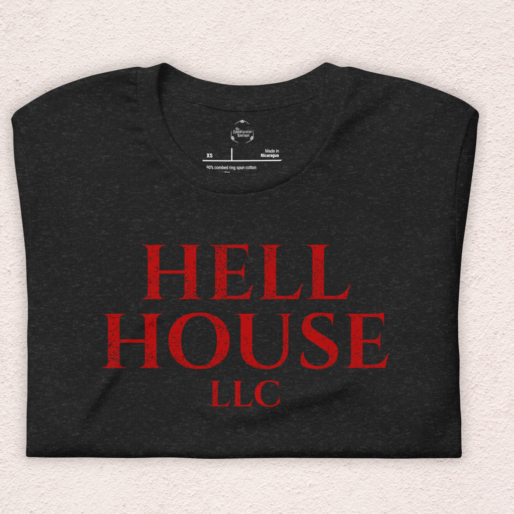 Hell House LLC Tee | Haunted Attraction Horror Shirt | Bella+Canvas Unisex Graphic Tee (Large Basic Red Graphic)