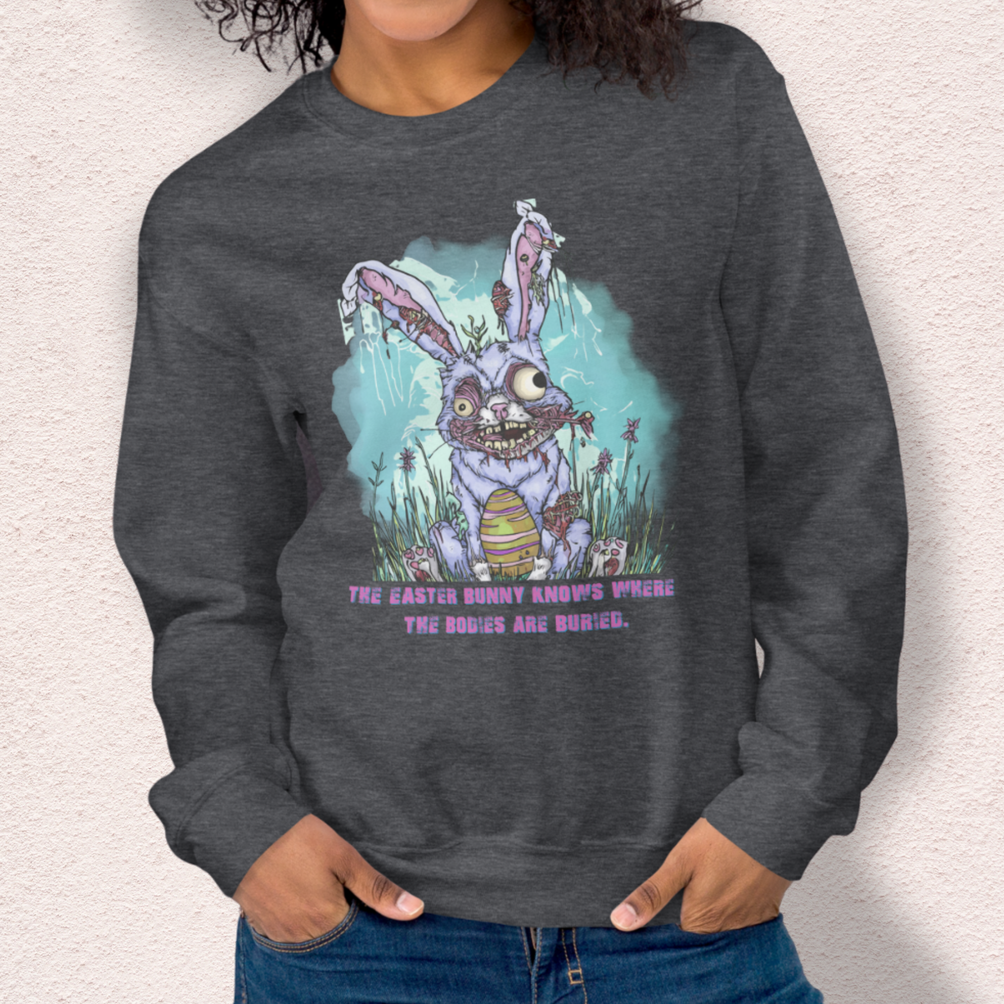 The Easter Bunny Knows Where the Bodies Are Buried Sweatshirt | Zombie Easter Bunny Horror Sweatshirt | Funny Dark Humor Easter | Gildan Crewneck