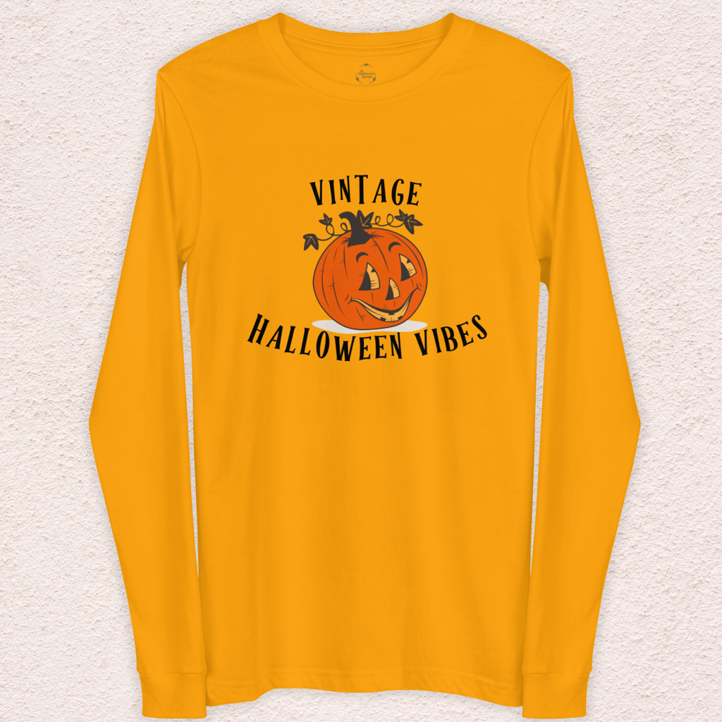 Vintage Halloween Vibes Long Sleeve Tee | Bella+Canvas Retro Jack-O’-Lantern Shirt