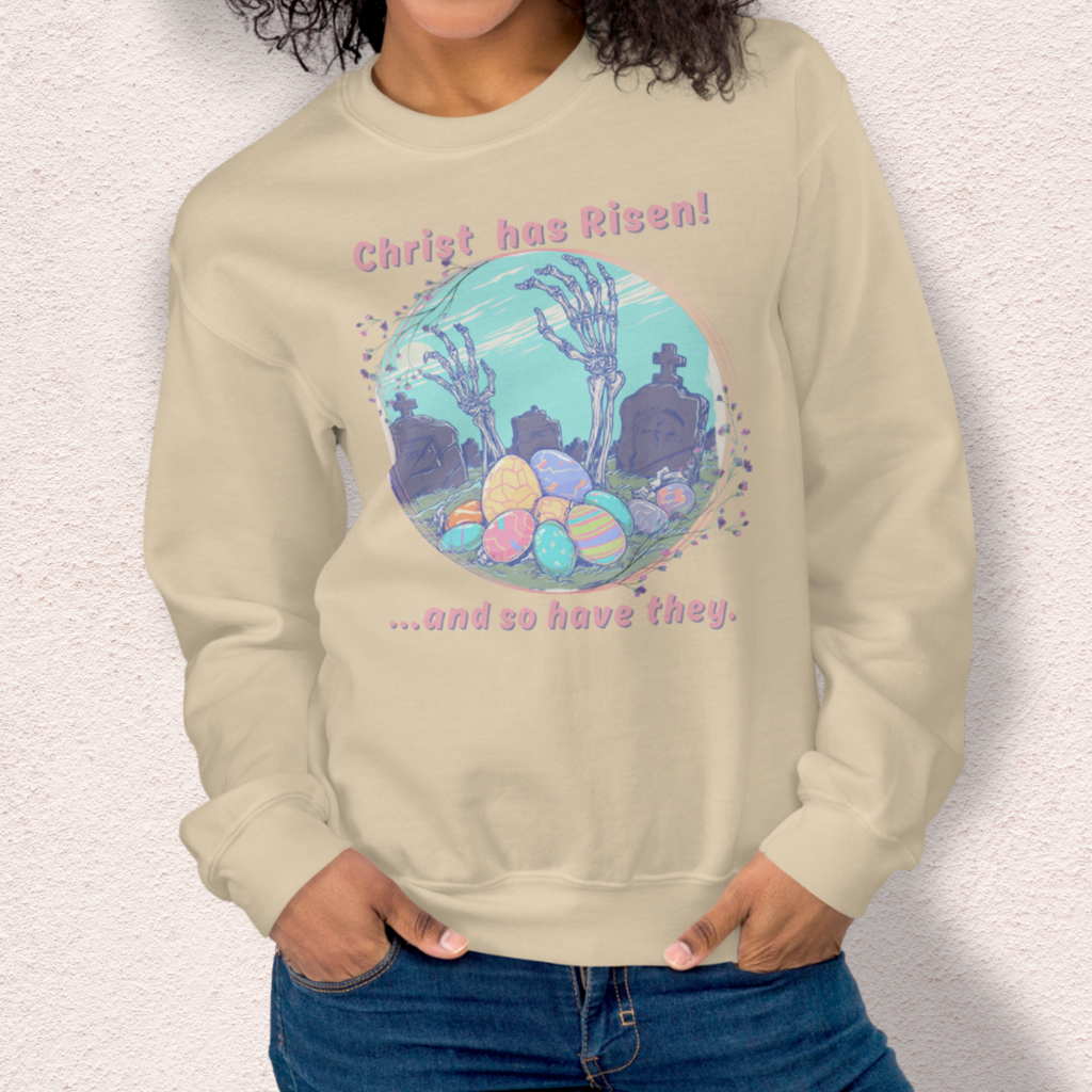 Christ Has Risen… and So Have They Sweatshirt | Funny Horror Easter Sweatshirt | Skeleton Grave Easter Graphic | Gildan Crewneck