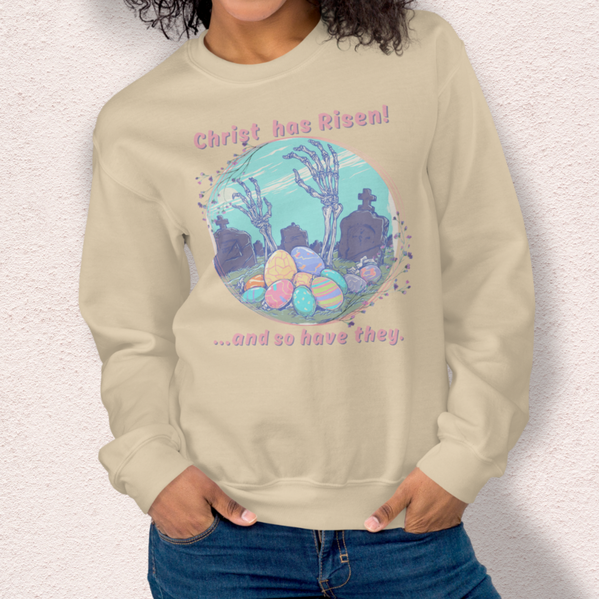 Christ Has Risen… and So Have They Sweatshirt | Funny Horror Easter Sweatshirt | Skeleton Grave Easter Graphic | Gildan Crewneck
