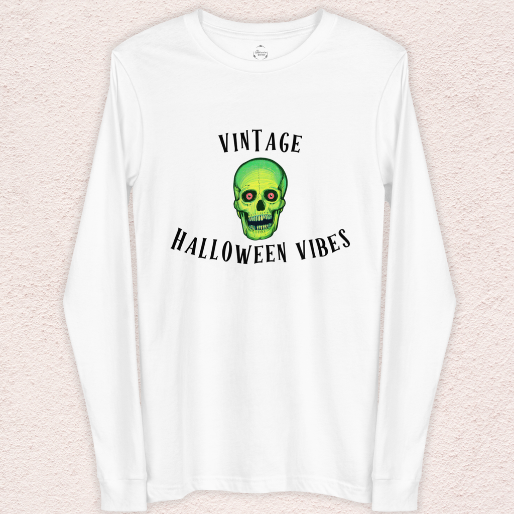 Vintage Halloween Vibes Long Sleeve Tee | Bella+Canvas Retro Green Skull Shirt