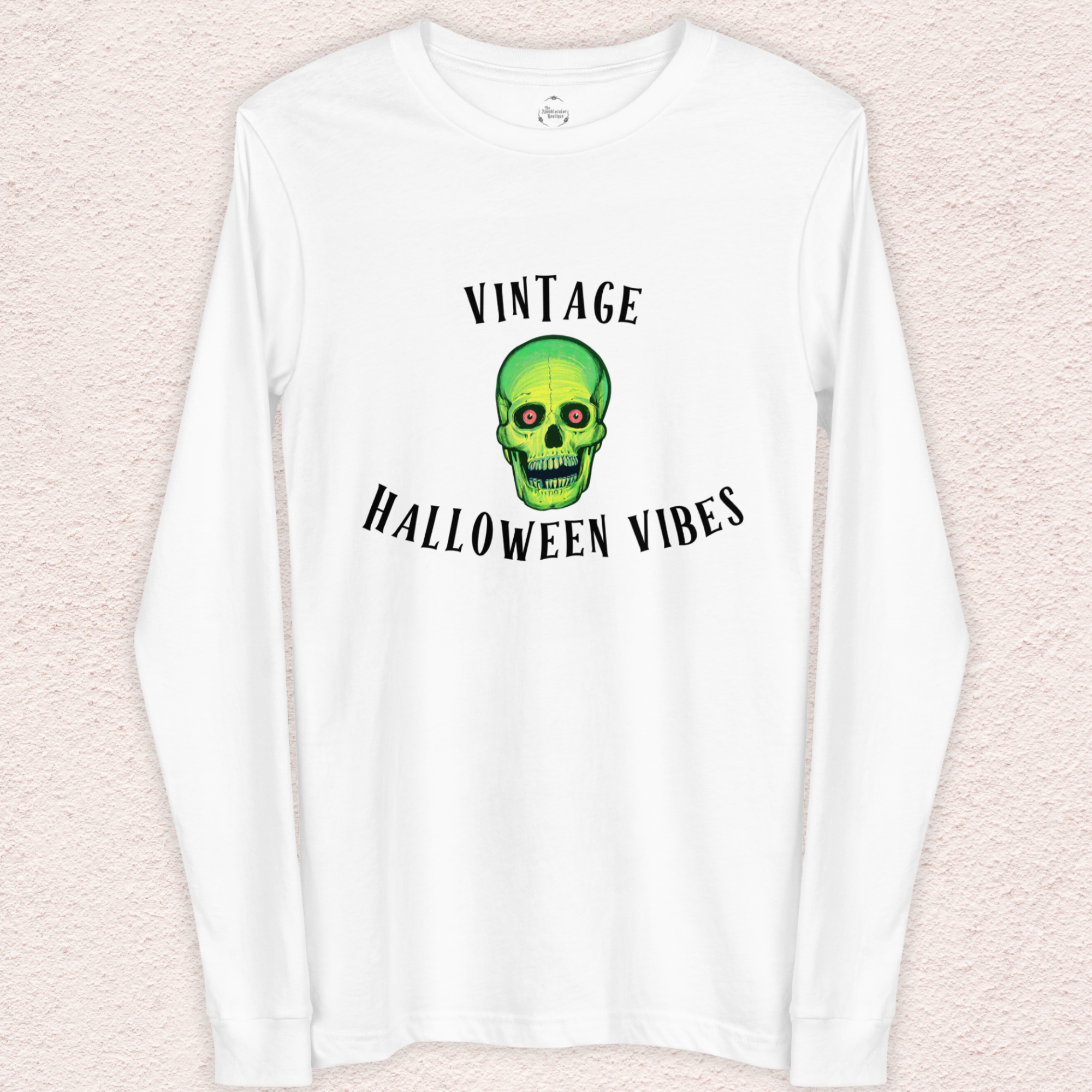 Vintage Halloween Vibes Long Sleeve Tee | Bella+Canvas Retro Green Skull Shirt