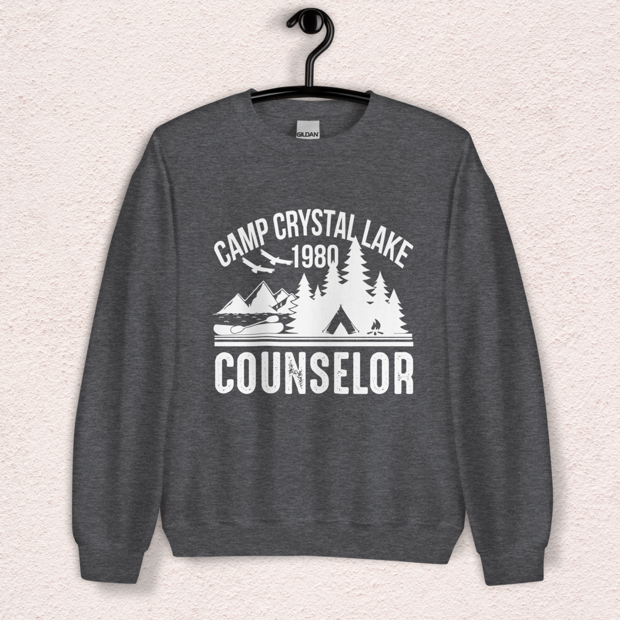 Camp Slasher Counselor Sweatshirt | Gildan Unisex Horror Crewneck (White Ink)