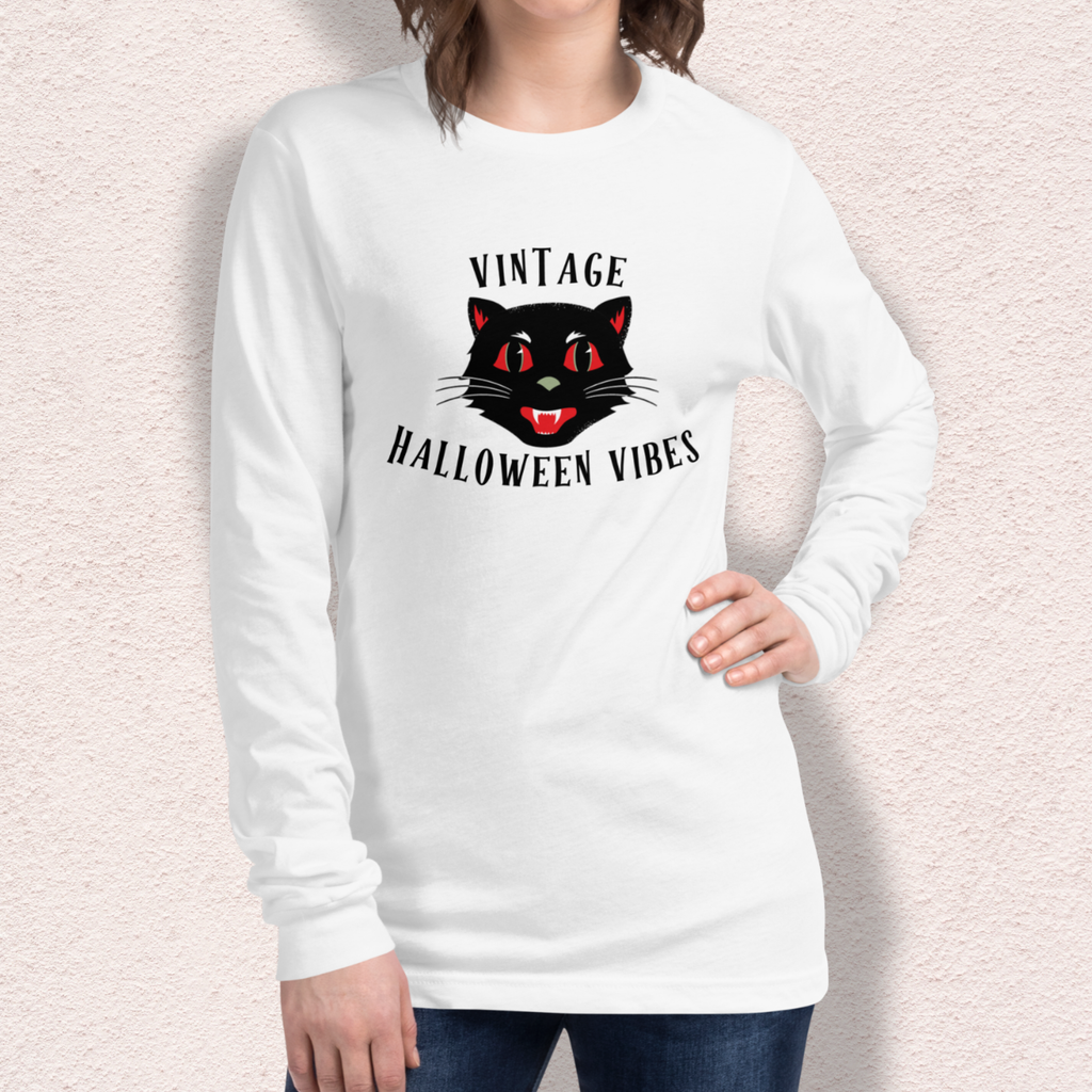 Vintage Halloween Vibes Long Sleeve Tee | Bella+Canvas Unisex Retro Cat Shirt