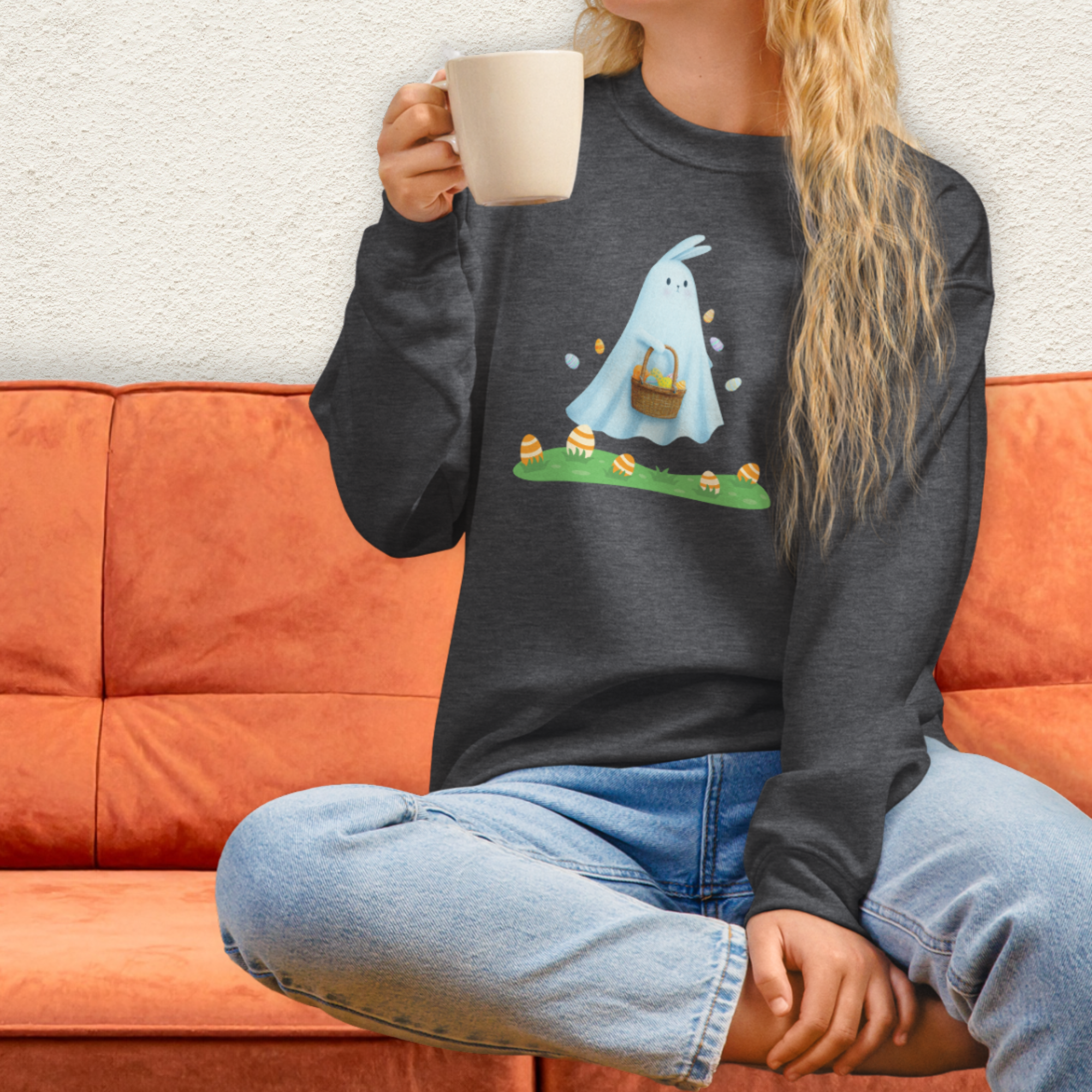 Ghost Easter Bunny Sweatshirt | Spooky Easter Bunny Crewneck | Cute Creepy Spring Bunny Sweatshirt | Pastel Goth Easter Graphic
