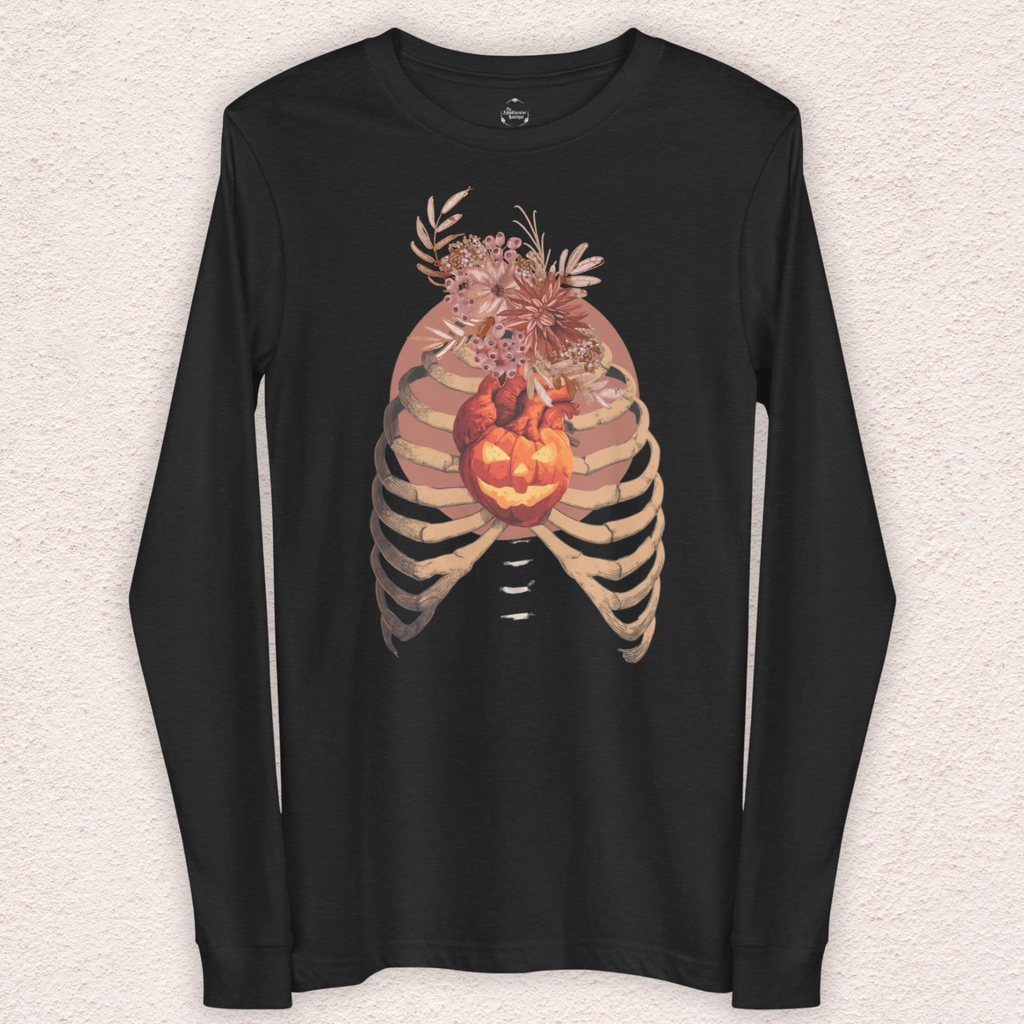 A Fall’s Heart Tee | Skeleton Pumpkin Halloween Shirt | Bella+Canvas Spooky Autumn Graphic Long Sleeve Tee