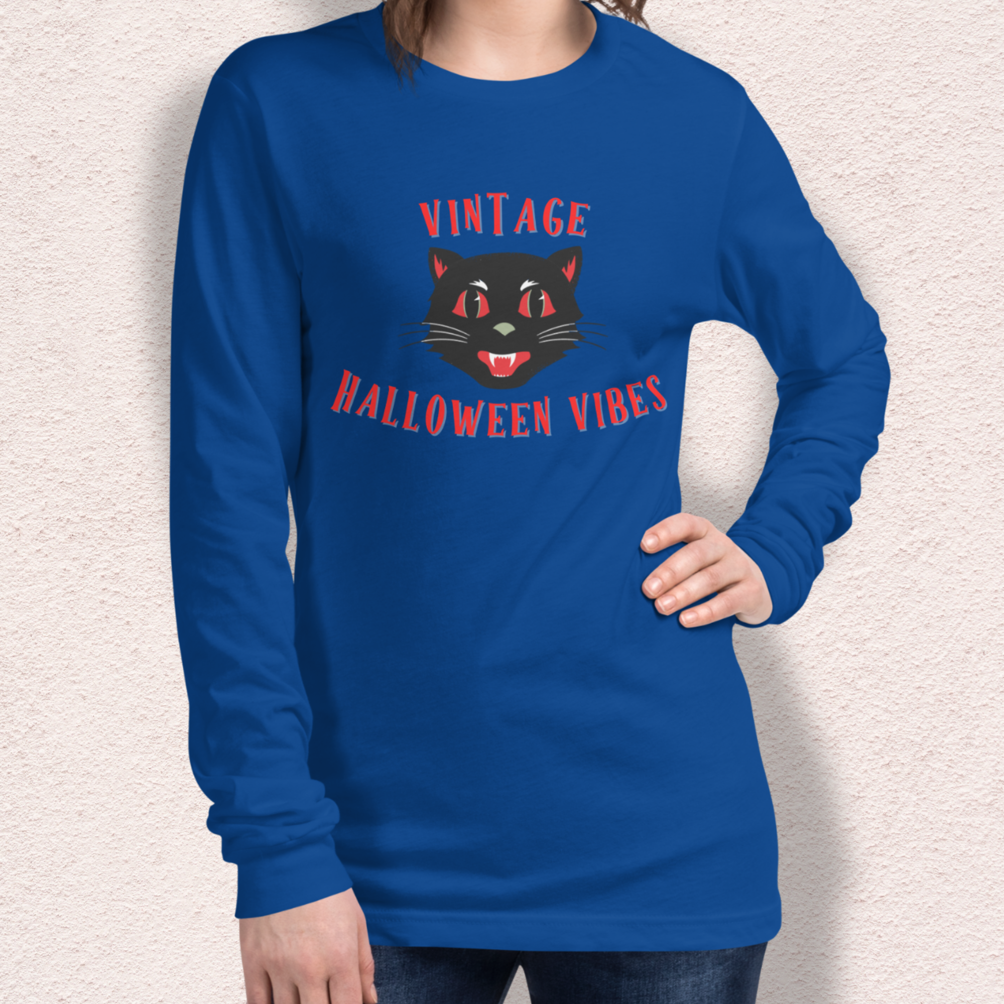 Vintage Halloween Vibes Long Sleeve Tee | Bella+Canvas Unisex Retro Halloween Cat Shirt | Colorful. Graphic