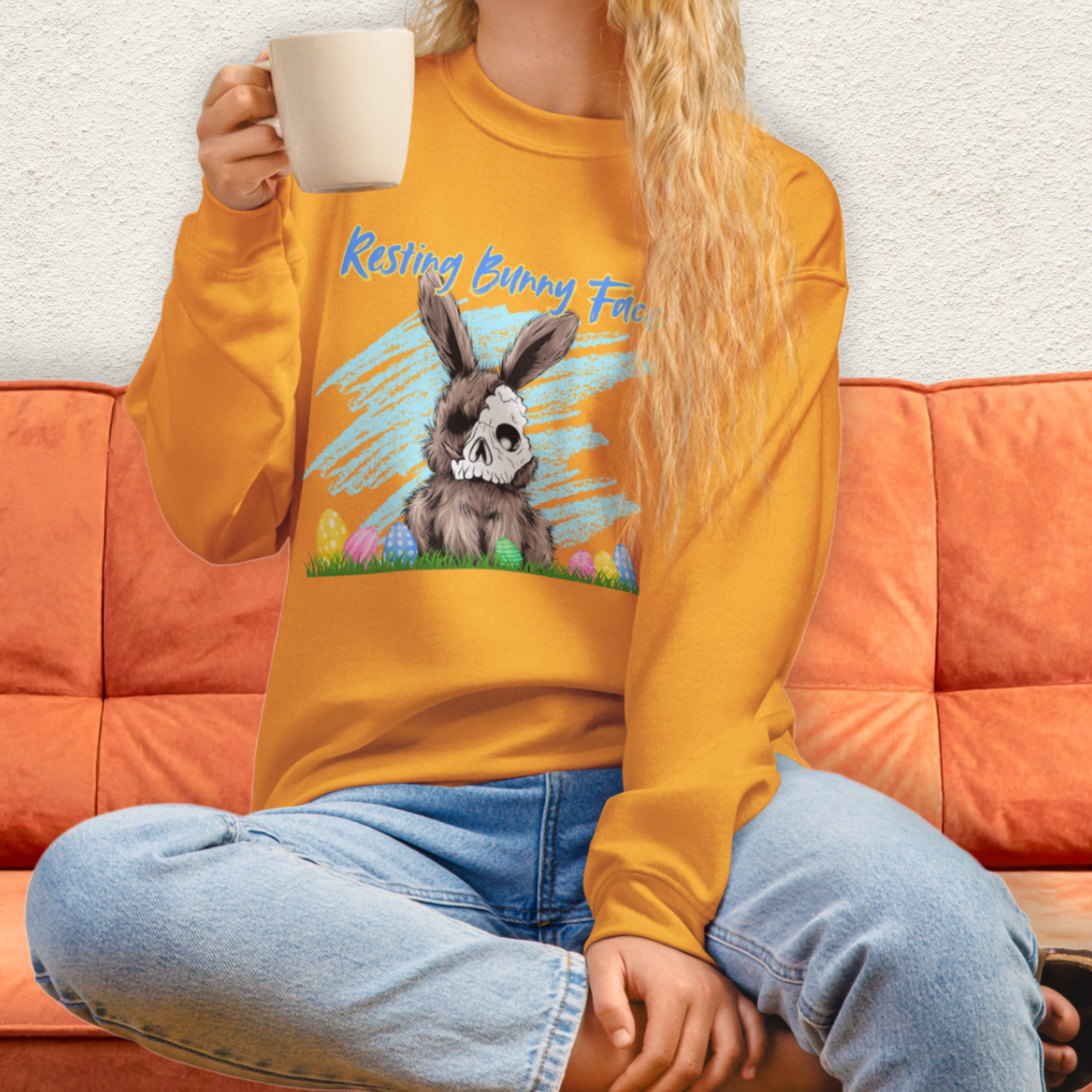 Resting Bunny Face Sweatshirt | Creepy Easter Bunny Skull Crewneck | Funny Spooky Easter Sweatshirt | Dark Humor Bunny Graphic