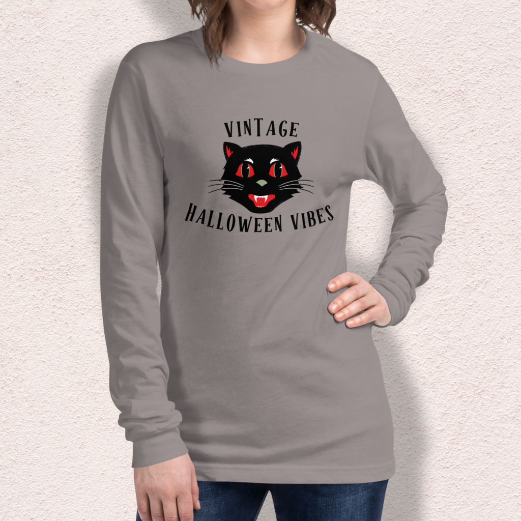 Vintage Halloween Vibes Long Sleeve Tee | Bella+Canvas Unisex Retro Cat Shirt