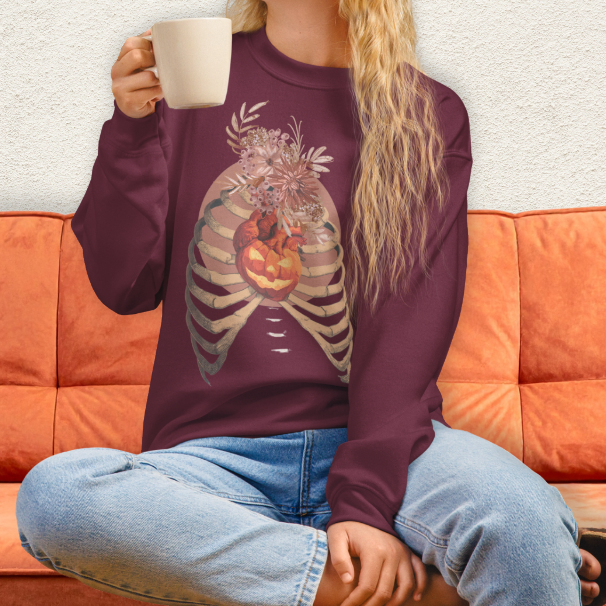 A Fall’s Heart Sweatshirt | Skeleton Pumpkin Autumn Graphic | Gildan Spooky Fall Crewneck