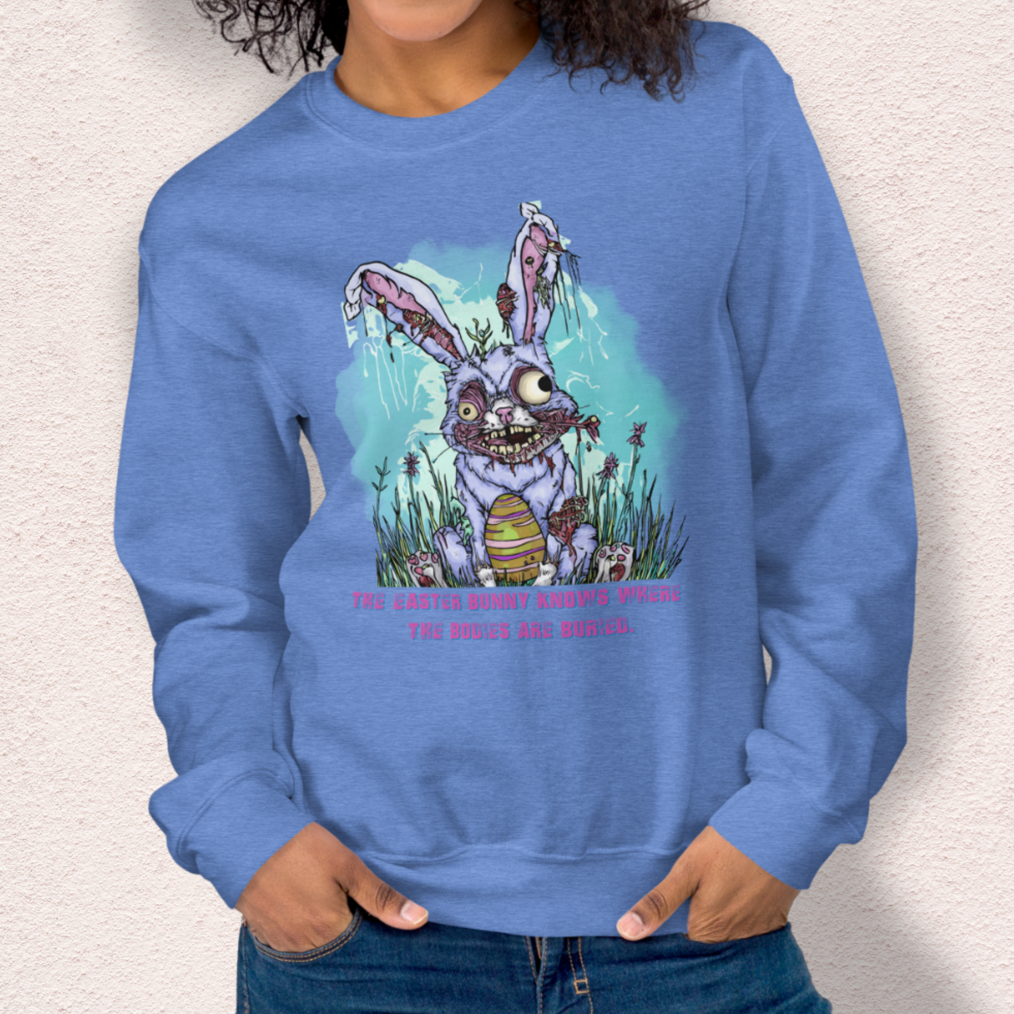 The Easter Bunny Knows Where the Bodies Are Buried Sweatshirt | Zombie Easter Bunny Horror Sweatshirt | Funny Dark Humor Easter | Gildan Crewneck