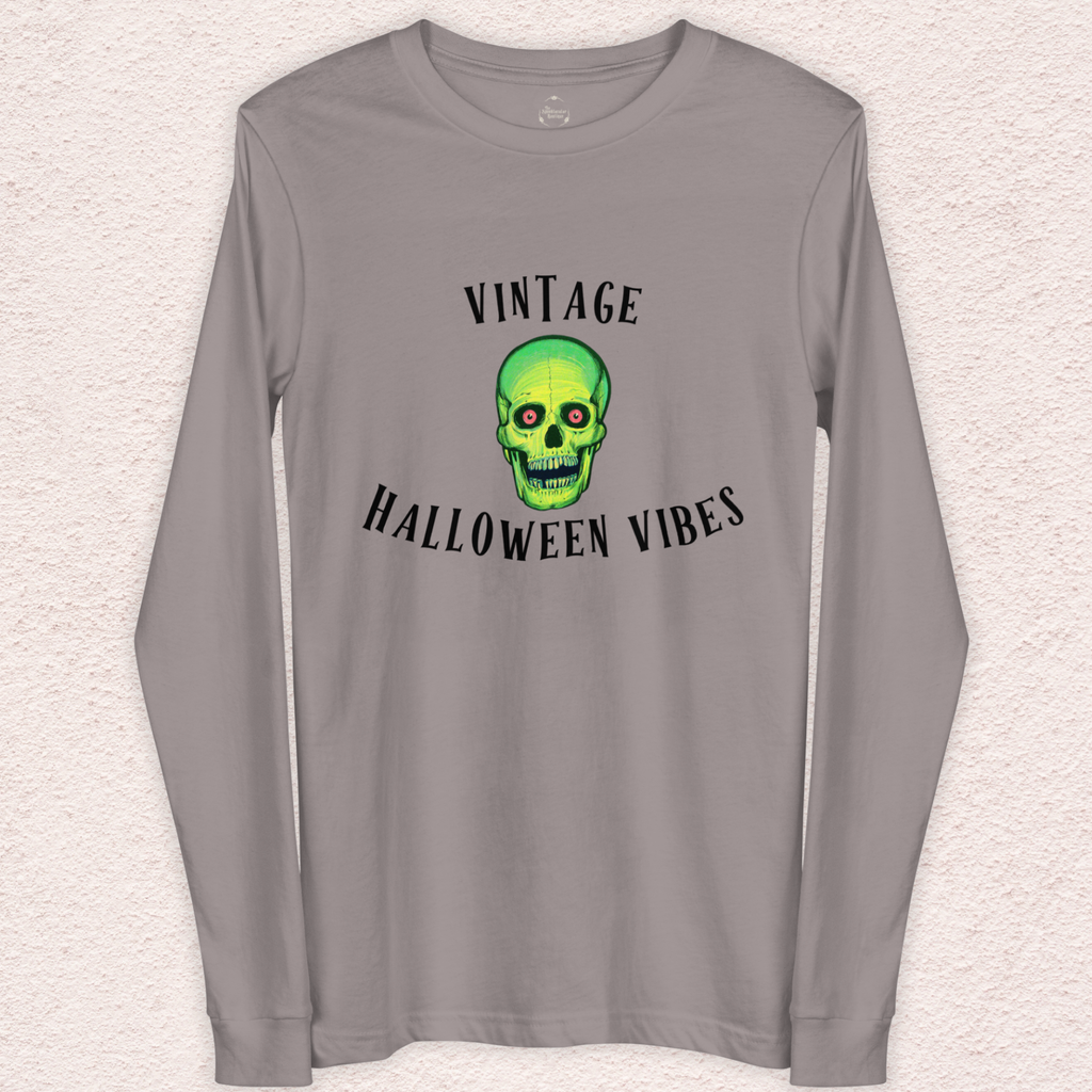 Vintage Halloween Vibes Long Sleeve Tee | Bella+Canvas Retro Green Skull Shirt