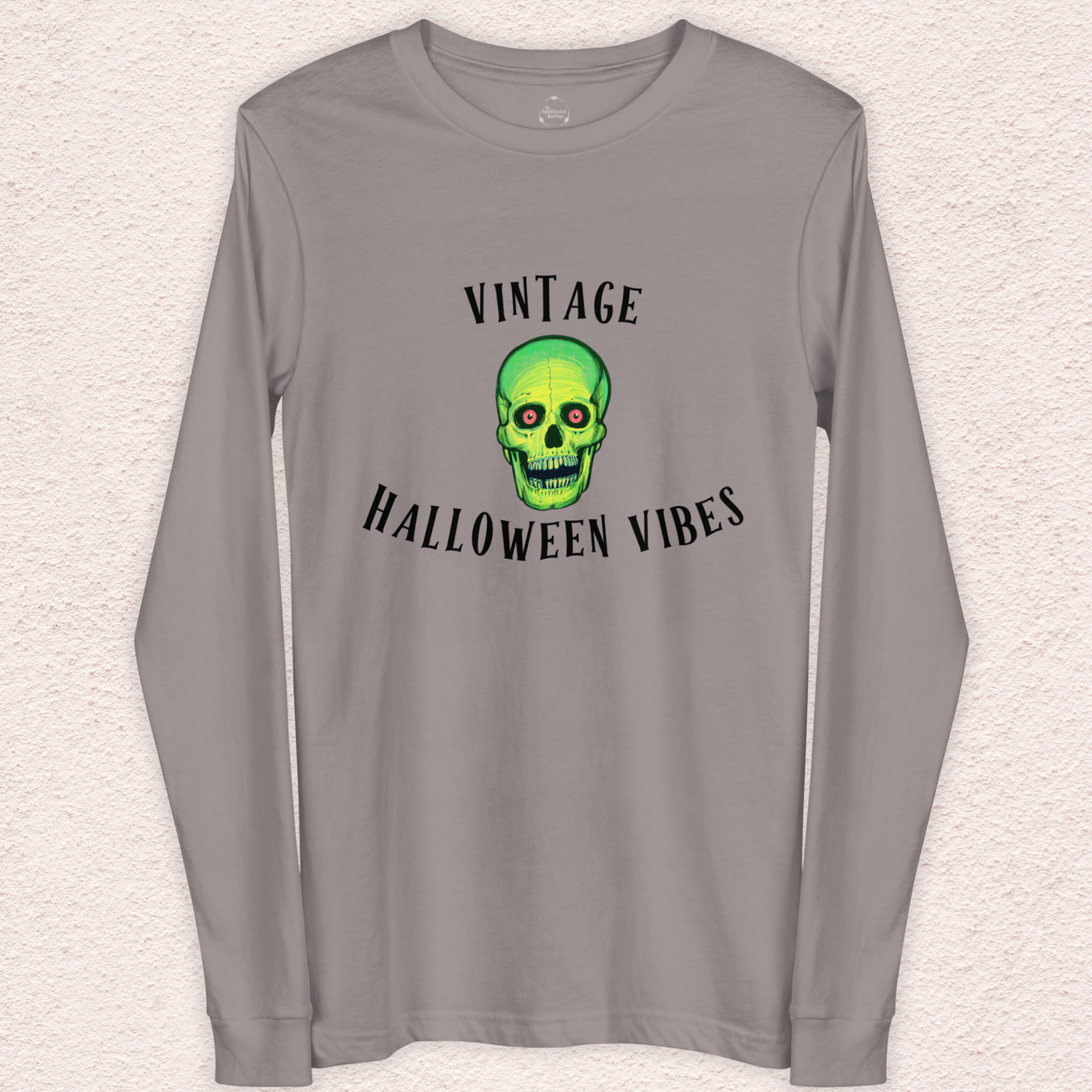 Vintage Halloween Vibes Long Sleeve Tee | Bella+Canvas Retro Green Skull Shirt