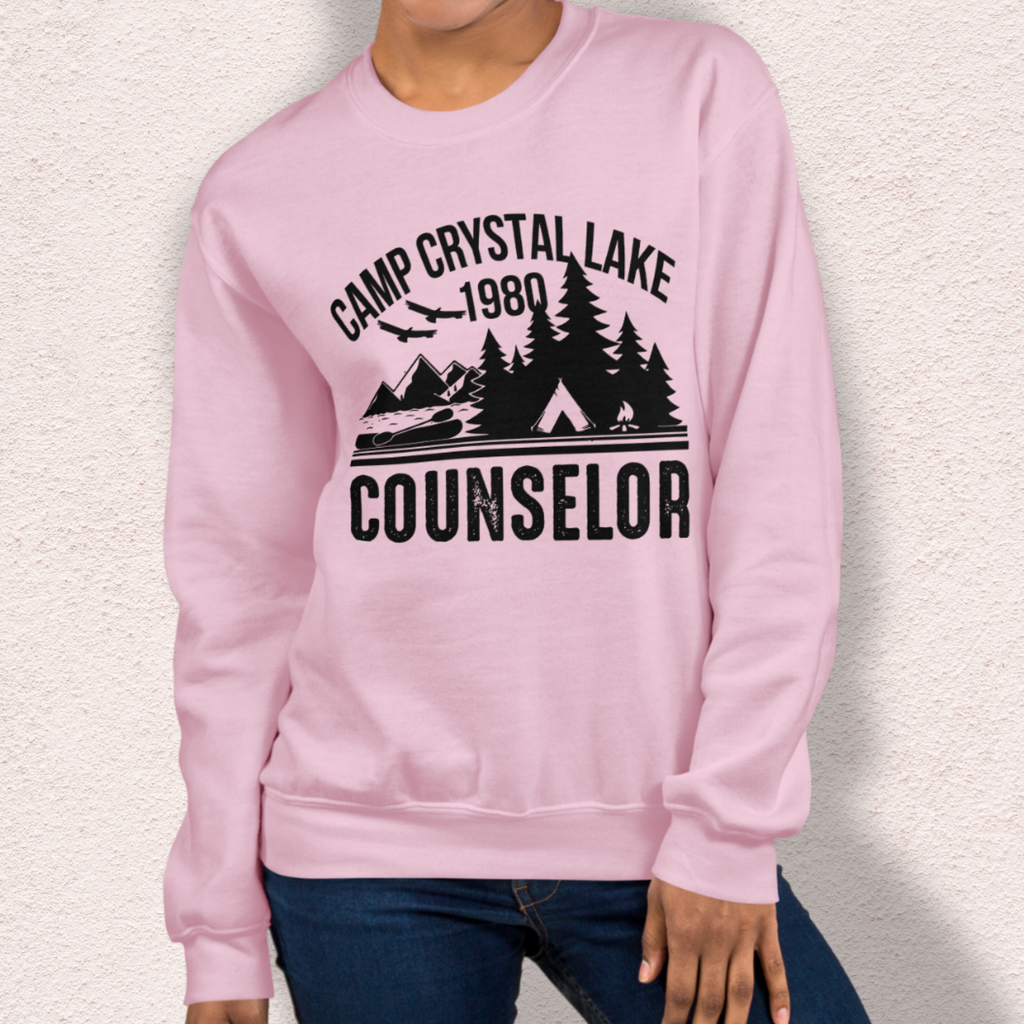 Camp Slasher Counselor Sweatshirt | Gildan Unisex Horror Crewneck (Black Ink)