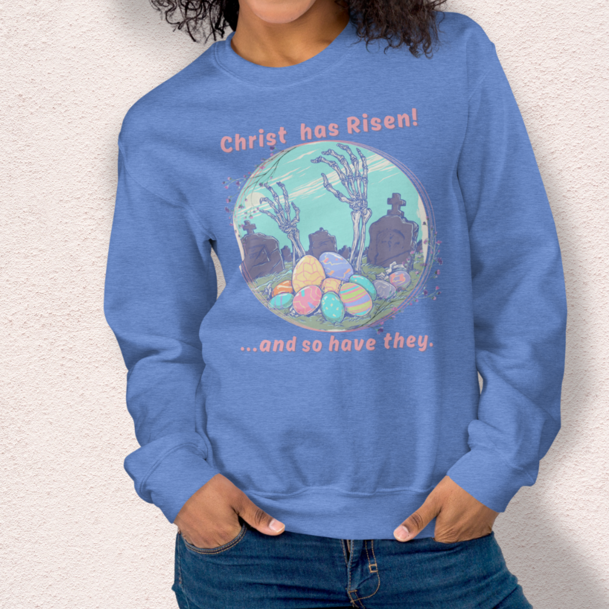 Christ Has Risen… and So Have They Sweatshirt | Funny Horror Easter Sweatshirt | Skeleton Grave Easter Graphic | Gildan Crewneck