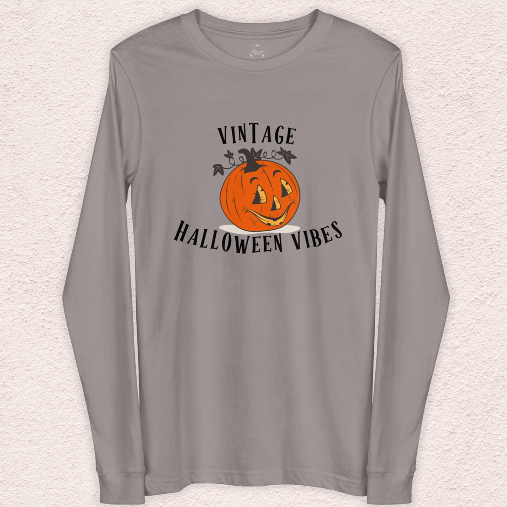 Vintage Halloween Vibes Long Sleeve Tee | Bella+Canvas Retro Jack-O’-Lantern Shirt