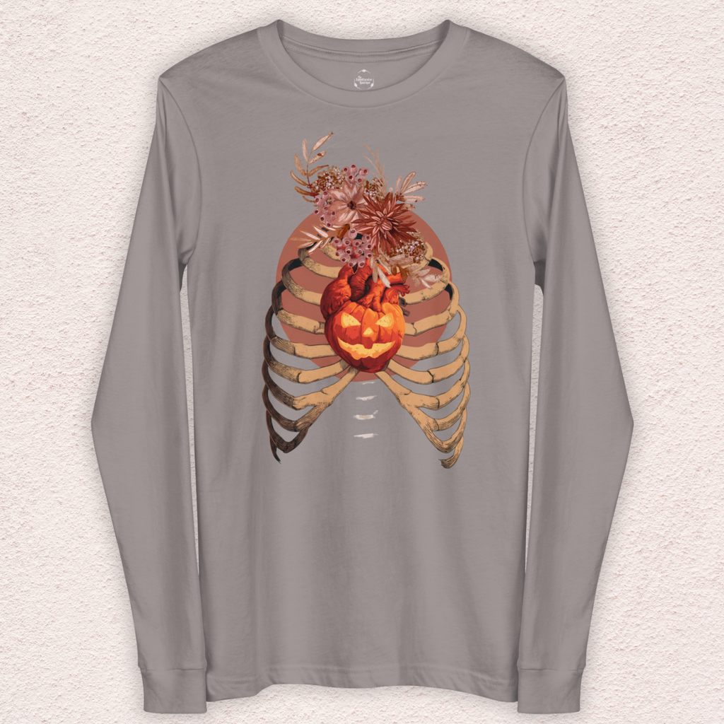 A Fall’s Heart Tee | Skeleton Pumpkin Halloween Shirt | Bella+Canvas Spooky Autumn Graphic Long Sleeve Tee