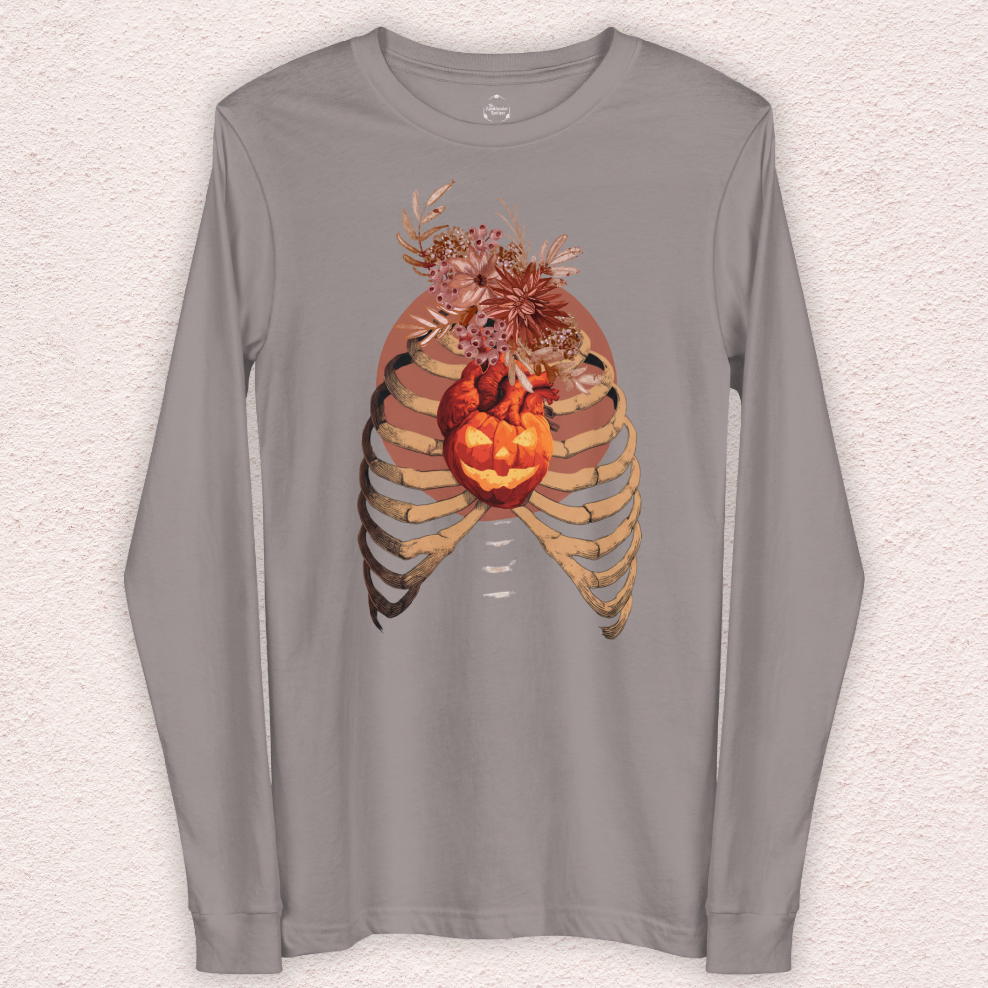 A Fall’s Heart Tee | Skeleton Pumpkin Halloween Shirt | Bella+Canvas Spooky Autumn Graphic Long Sleeve Tee