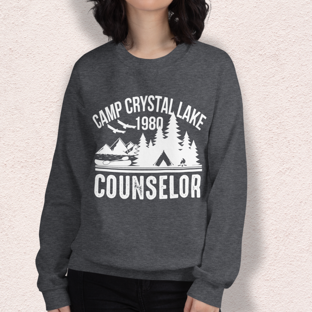 Camp Slasher Counselor Sweatshirt | Gildan Unisex Horror Crewneck (White Ink)