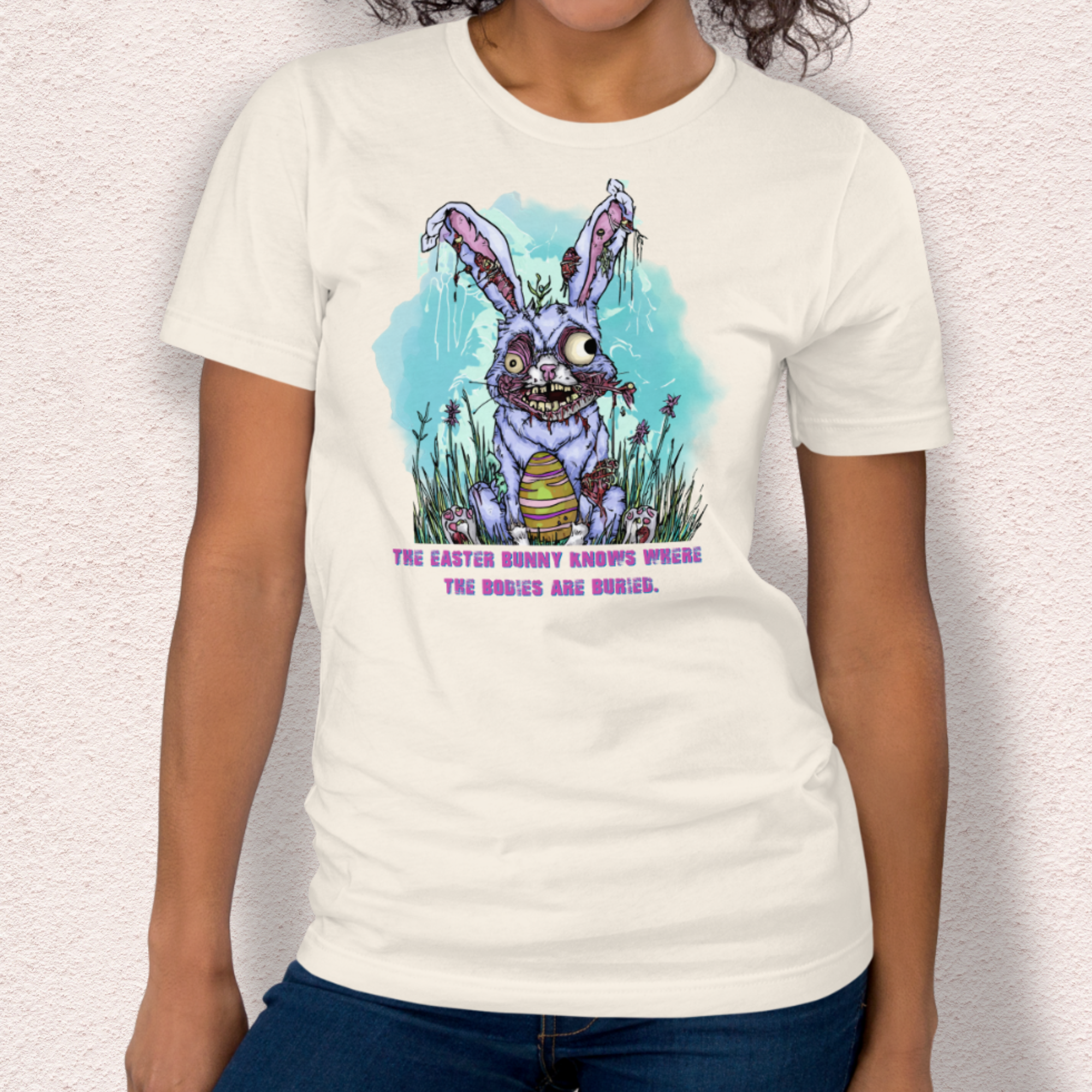 The Easter Bunny Knows Where the Bodies Are Buried T-Shirt | Zombie Easter Bunny Horror Tee | Funny Dark Humor Easter Shirt | Bella+Canvas Unisex