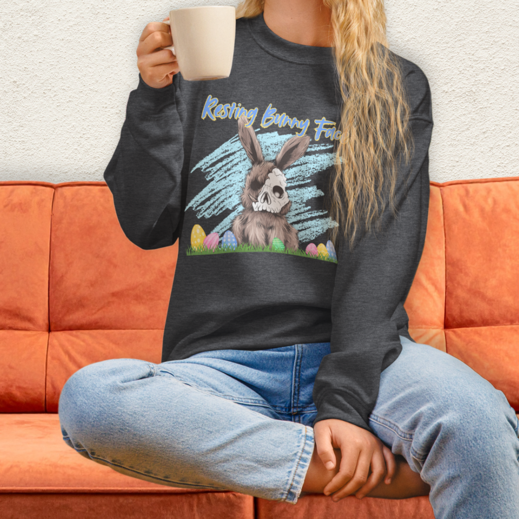 Resting Bunny Face Sweatshirt | Creepy Easter Bunny Skull Crewneck | Funny Spooky Easter Sweatshirt | Dark Humor Bunny Graphic