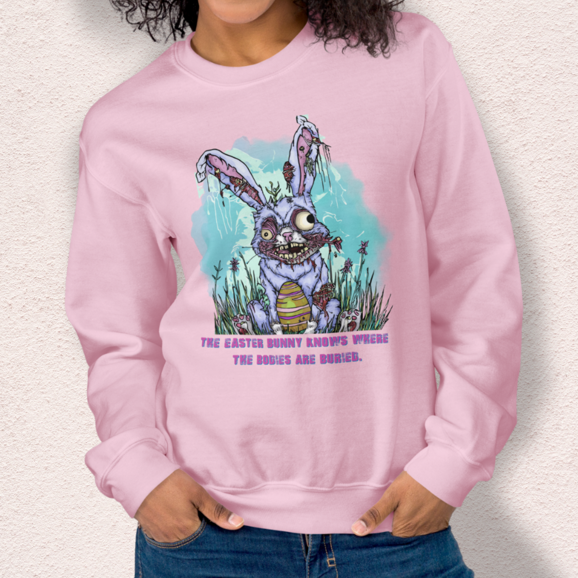 The Easter Bunny Knows Where the Bodies Are Buried Sweatshirt | Zombie Easter Bunny Horror Sweatshirt | Funny Dark Humor Easter | Gildan Crewneck