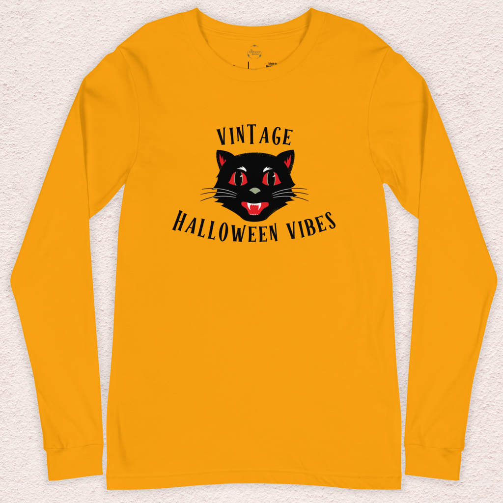 Vintage Halloween Vibes Long Sleeve Tee | Bella+Canvas Unisex Retro Cat Shirt