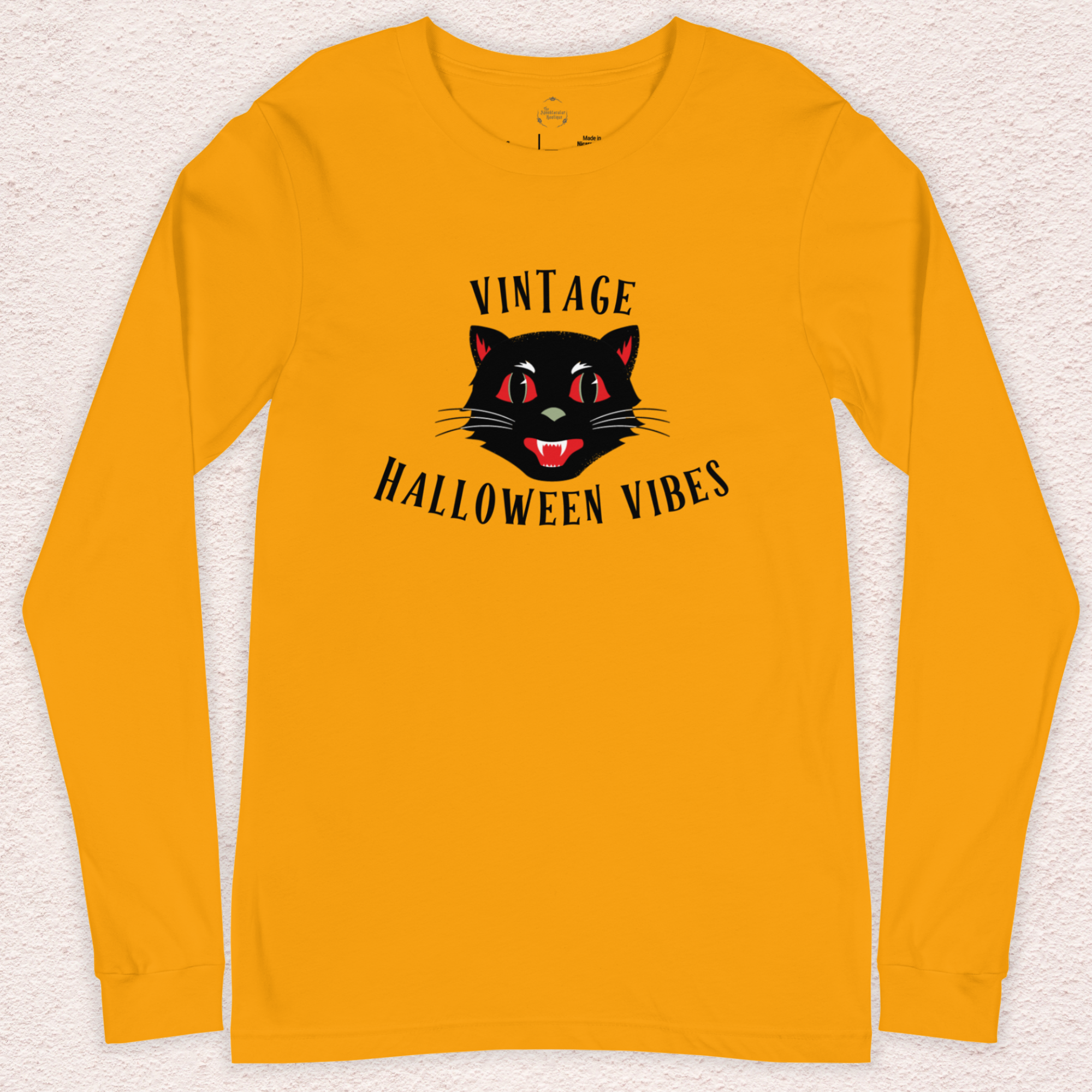 Vintage Halloween Vibes Long Sleeve Tee | Bella+Canvas Unisex Retro Cat Shirt